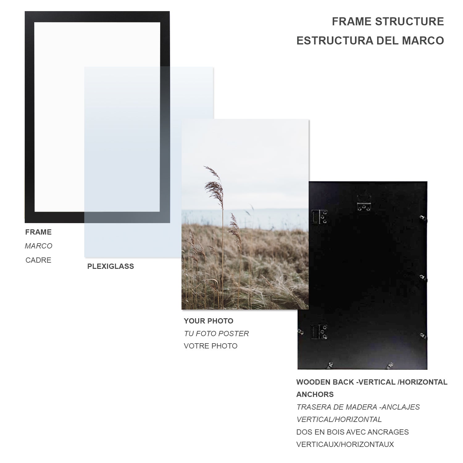Nacnic Pack 4 Cadres en Bois MDF Noir et Verre Acrylique Protection et Présentation de Photographies, Tirages, Affiches Chambre A3 29,7x42 cm - 2