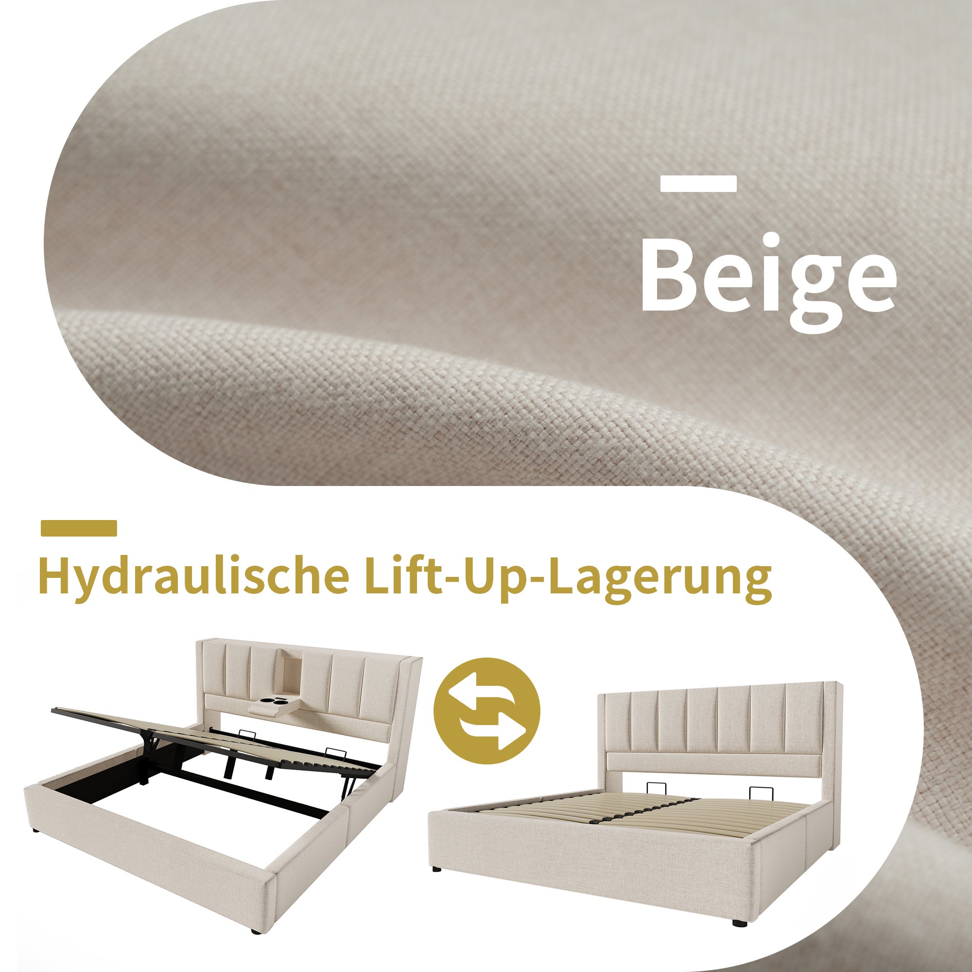 Lit coffre 140 x 190 cm avec porte-gobelet caché et station de charge - Tissu en lin et sommier à lattes - Beige (matelas non inclus) - 5