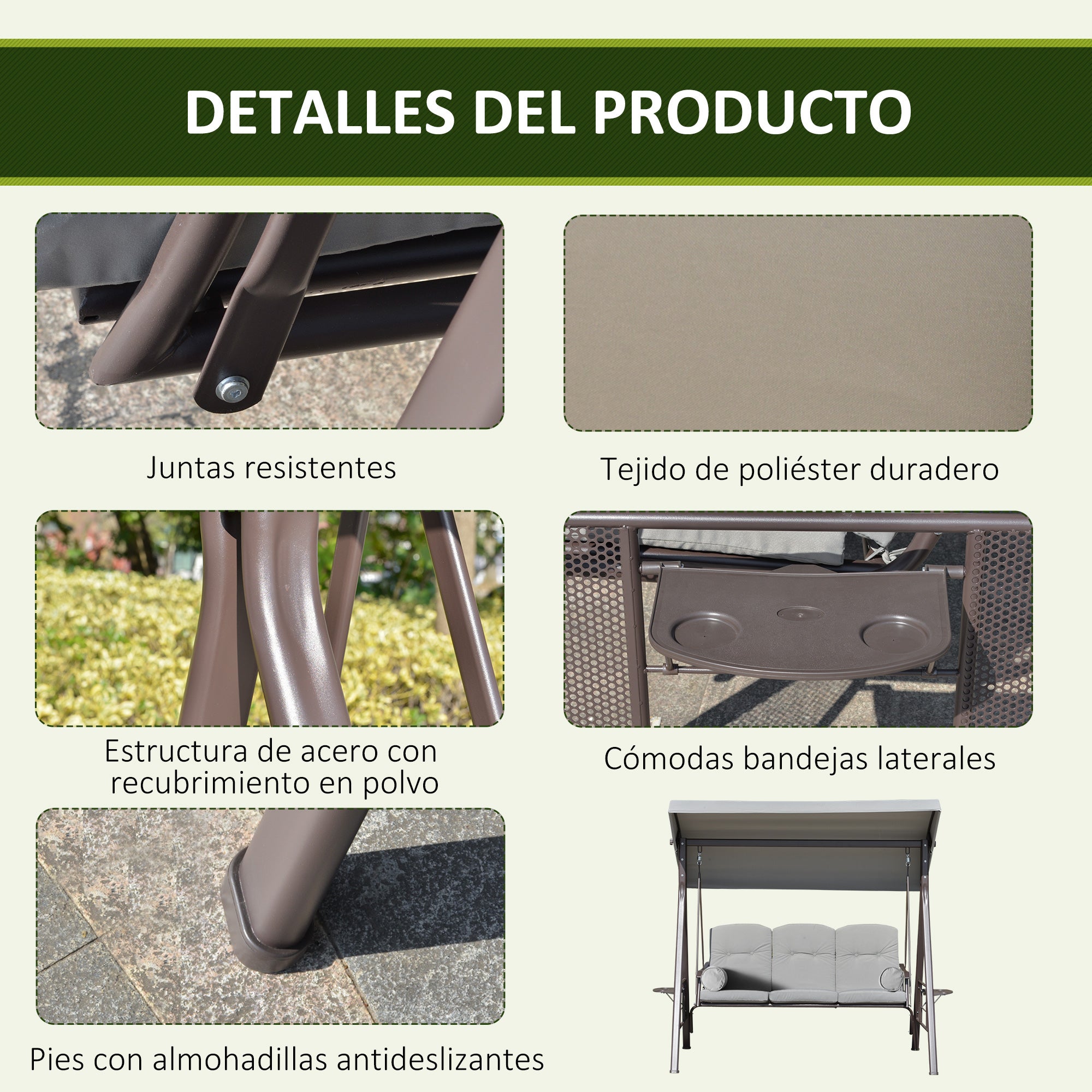 Baloiço de Jardim Outsunny Cinzento Metal e Poliéster 206x116x183cm - 5