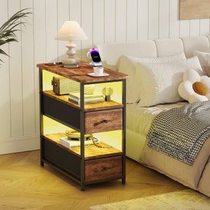 Awescuti Tavolino stretto con stazione di ricarica, set di 2 tavolini slim Farmhouse, con porte USB, prese di corrente, comodino con cassetto portaoggetti ribaltabile, per piccoli spazi, soggiorno