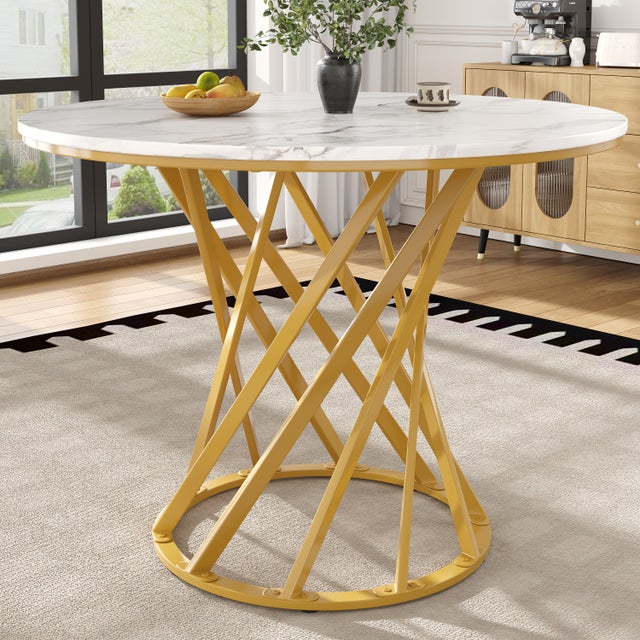 Okrągły stół jadalny dla 4-6 osób - D 80 x W 76 cm - Blat z płyty MDF marmurkowy i nogi z metalu w kolorze złotym - Biały