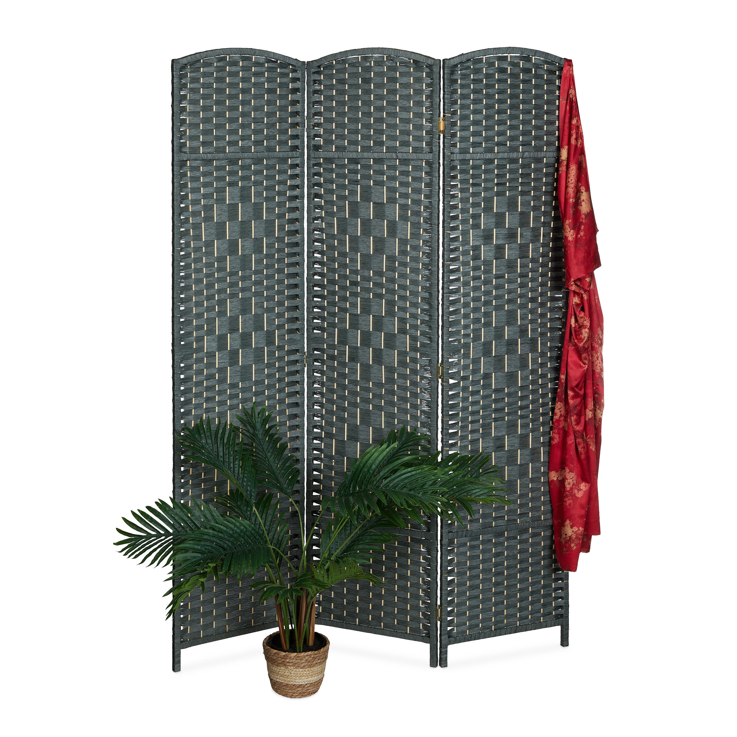 Relaxdays biombo, 3 paneles, separador ambientes plegable, 170x120 cm, para interior, madera, cuerda de papel, gris