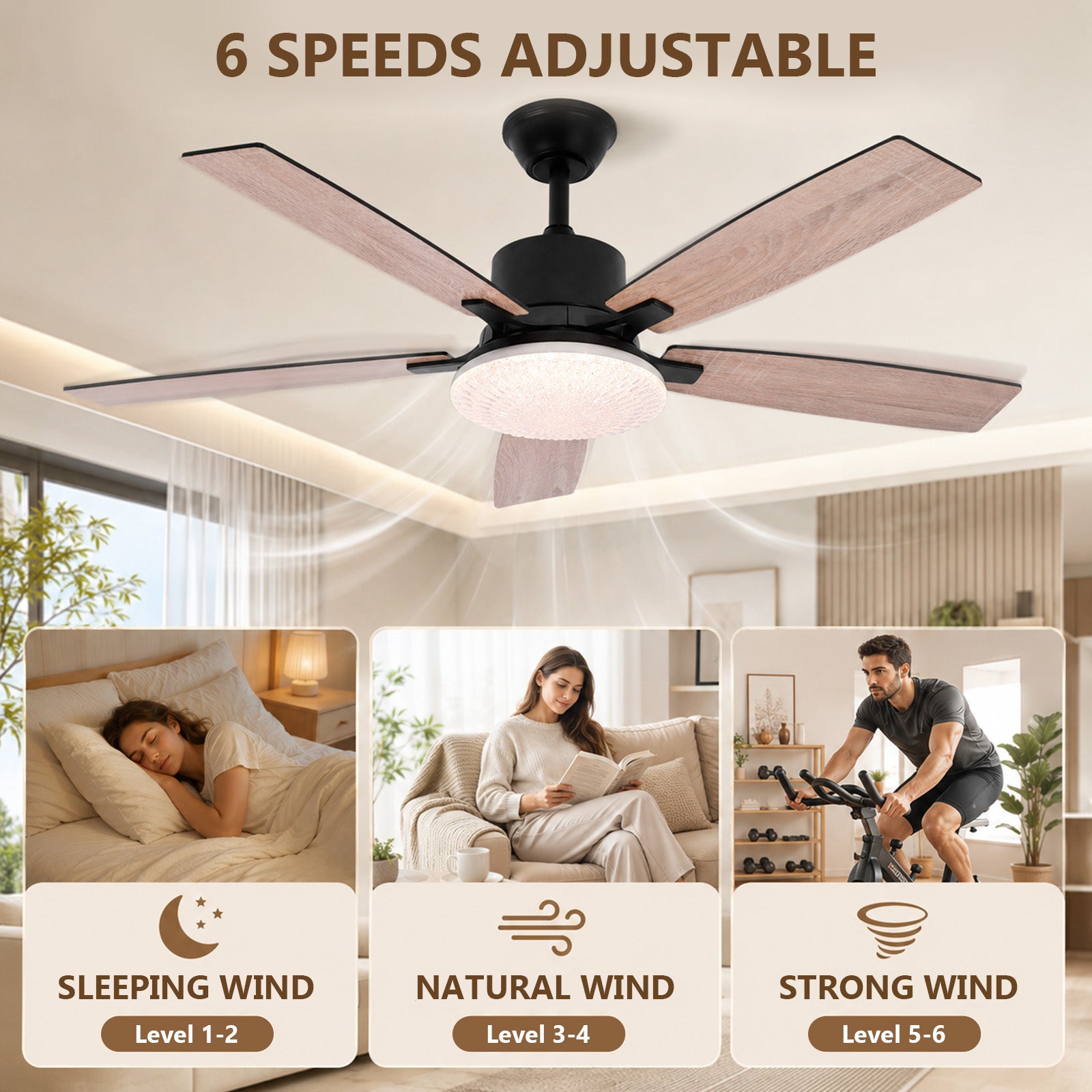 Ventilateur de plafond avec éclairage LED 132 cm 3000K-6500K diffuseur effet cristal pales aspect bois/noir, moteur DC télécommande/appli - 3