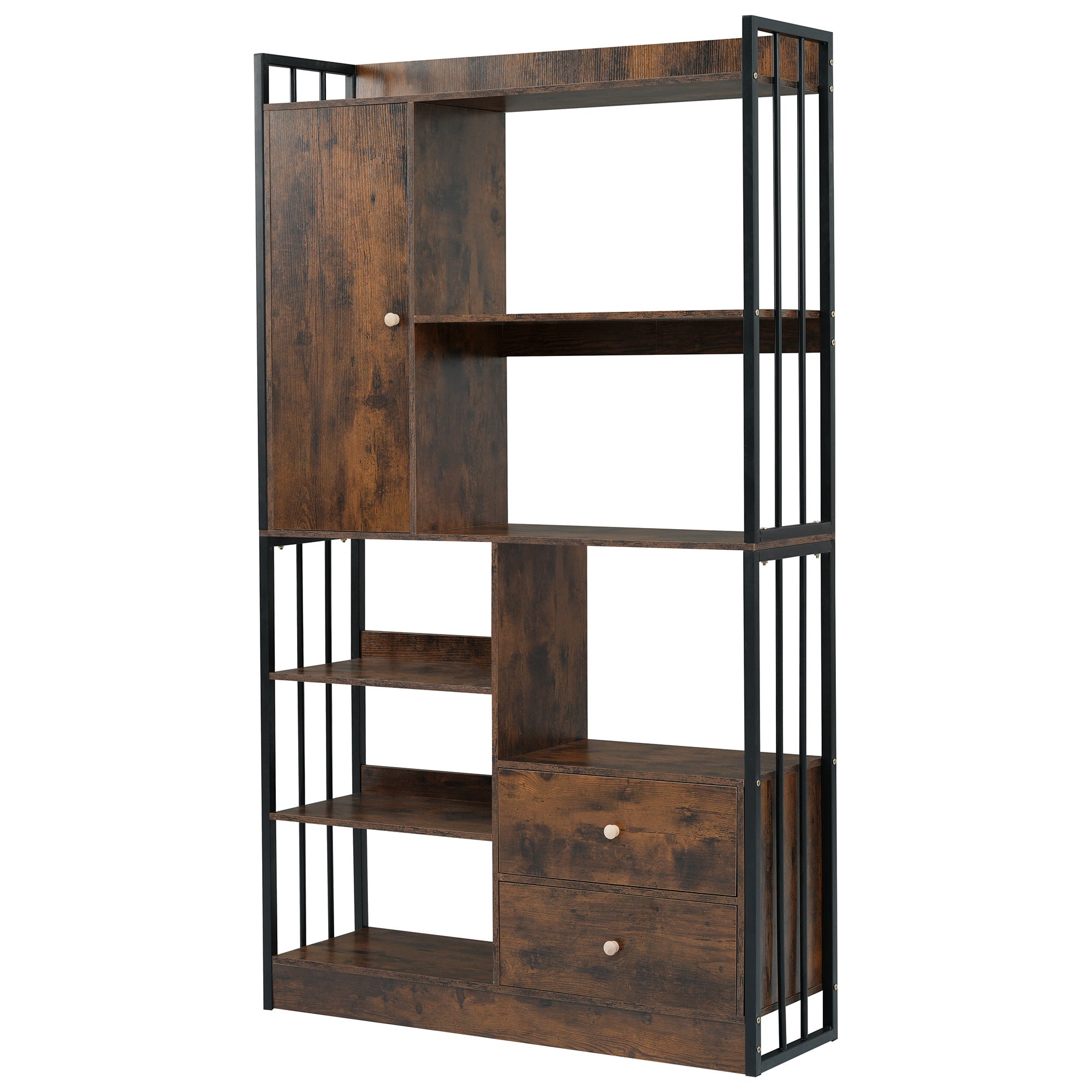 Bibliothèque 6 Marches URBNLIVING - Chêne Et Métal, Portes Noires Et Bois - 90.5 X 89 X 29 Cm - Rangement Espacé