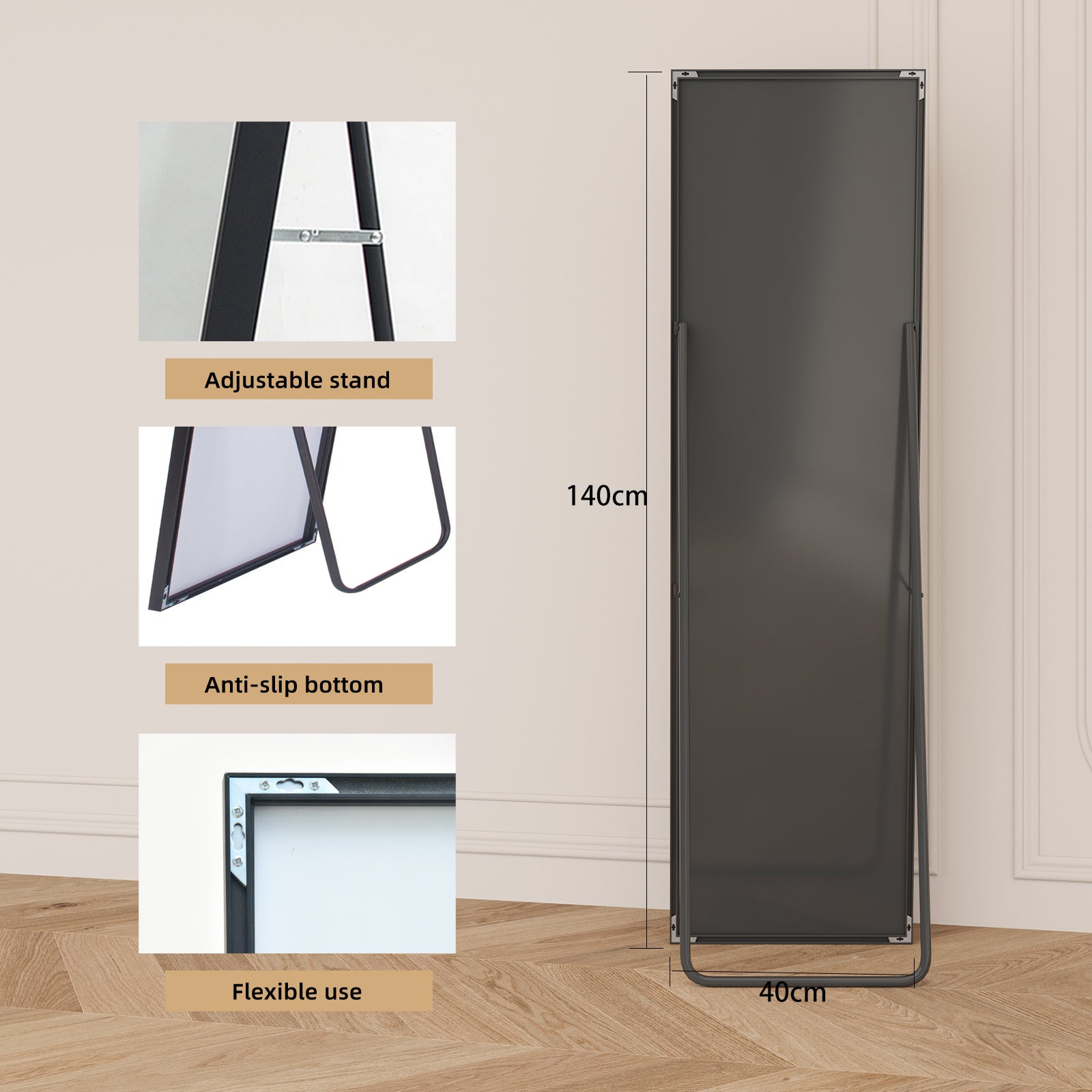 Miroir sur pied, 140x40 cm, Miroir rectangulaire, Miroir de maquillage, Cadre en alliage d’aluminium, Verre trempé, pour chambre, dressing, Noir - 8