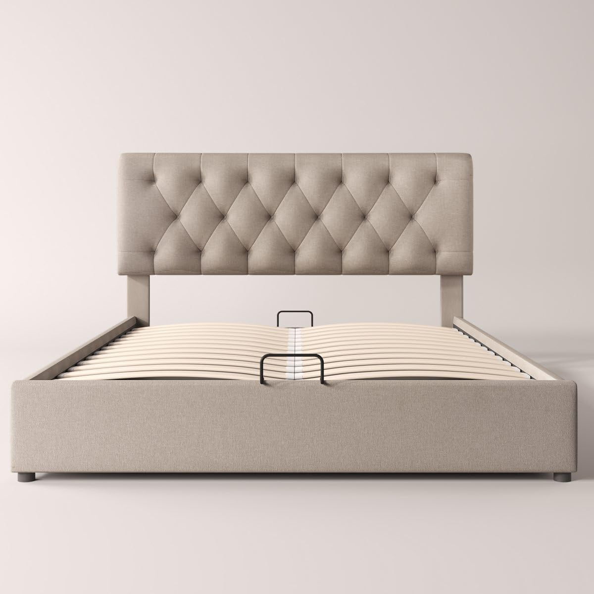 KOMHTOM Lit capitonné 160 x 200 cm, Lit double avec sommier à lattes en métal avec fonction hydraulique et rangement - Gris (sans matelas) - 4