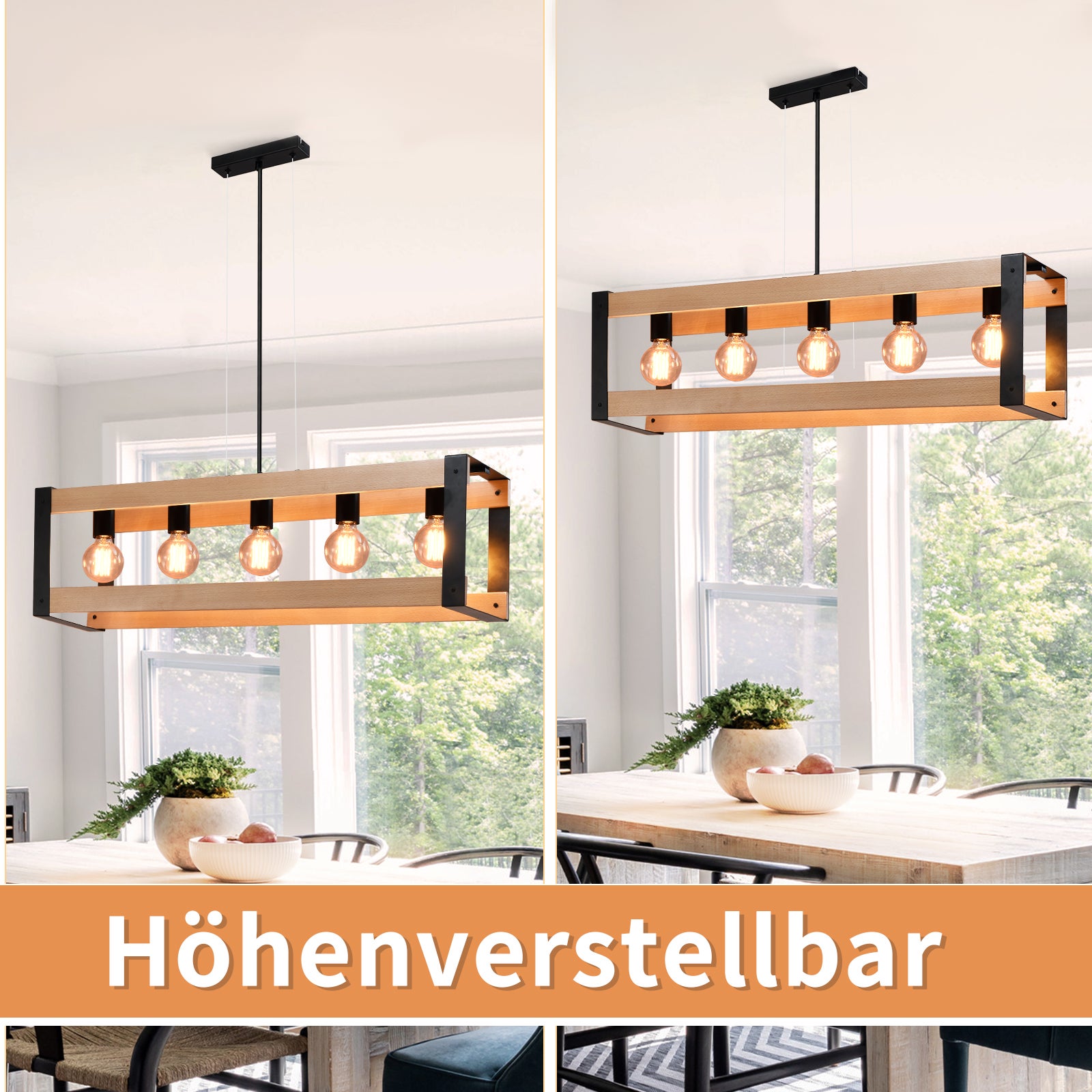 NETTLIFE Suspension lampe de salle à manger vintage en bois noire E27 5 flammes table à manger industrielle - 8