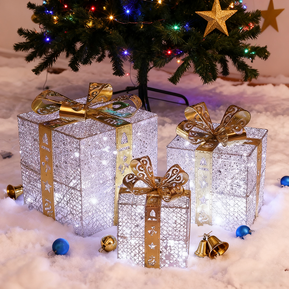 Lot De 3 Boîtes Cadeaux Lumineuses LED Avec Minuterie - Décoration De Noël Beige Doré - 3 Tailles