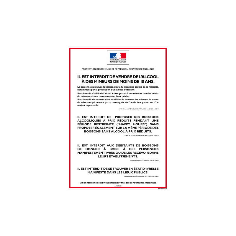 Affichage obligatoire Interdiction de la vente d'alcool aux mineurs 450 ...