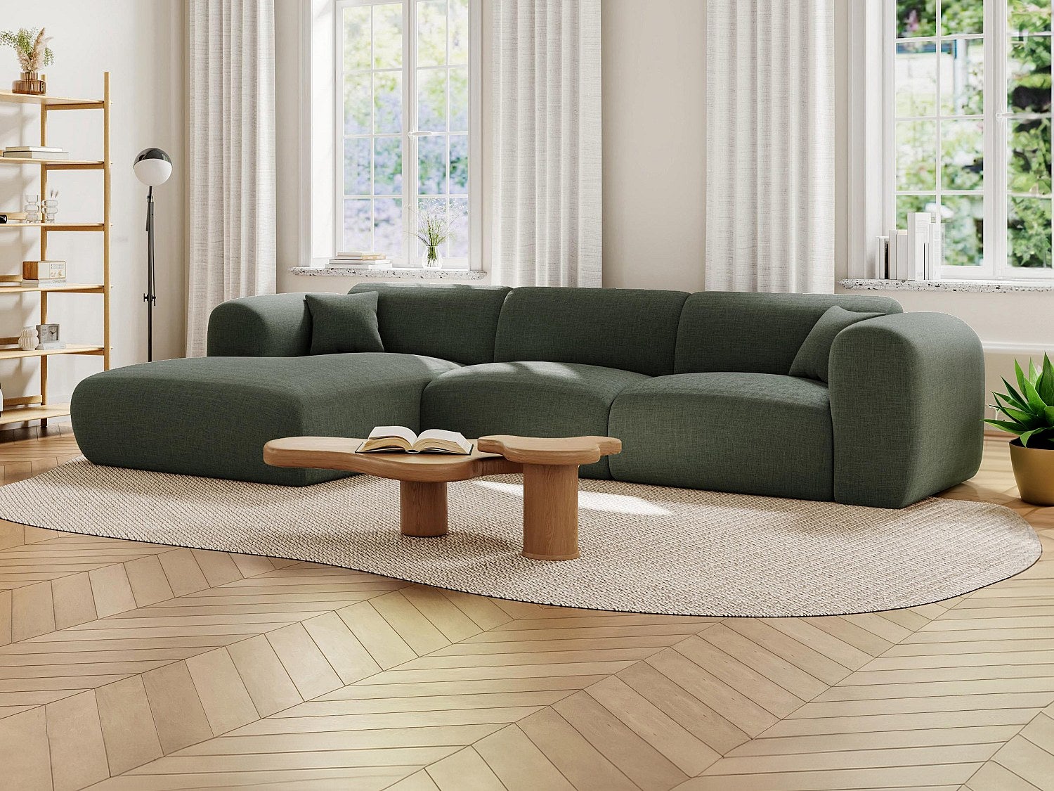 Kanapa narożna lewostronna dużych rozmiarów z zieloną tkaniną melanż - POGNI marki Maison Céphy