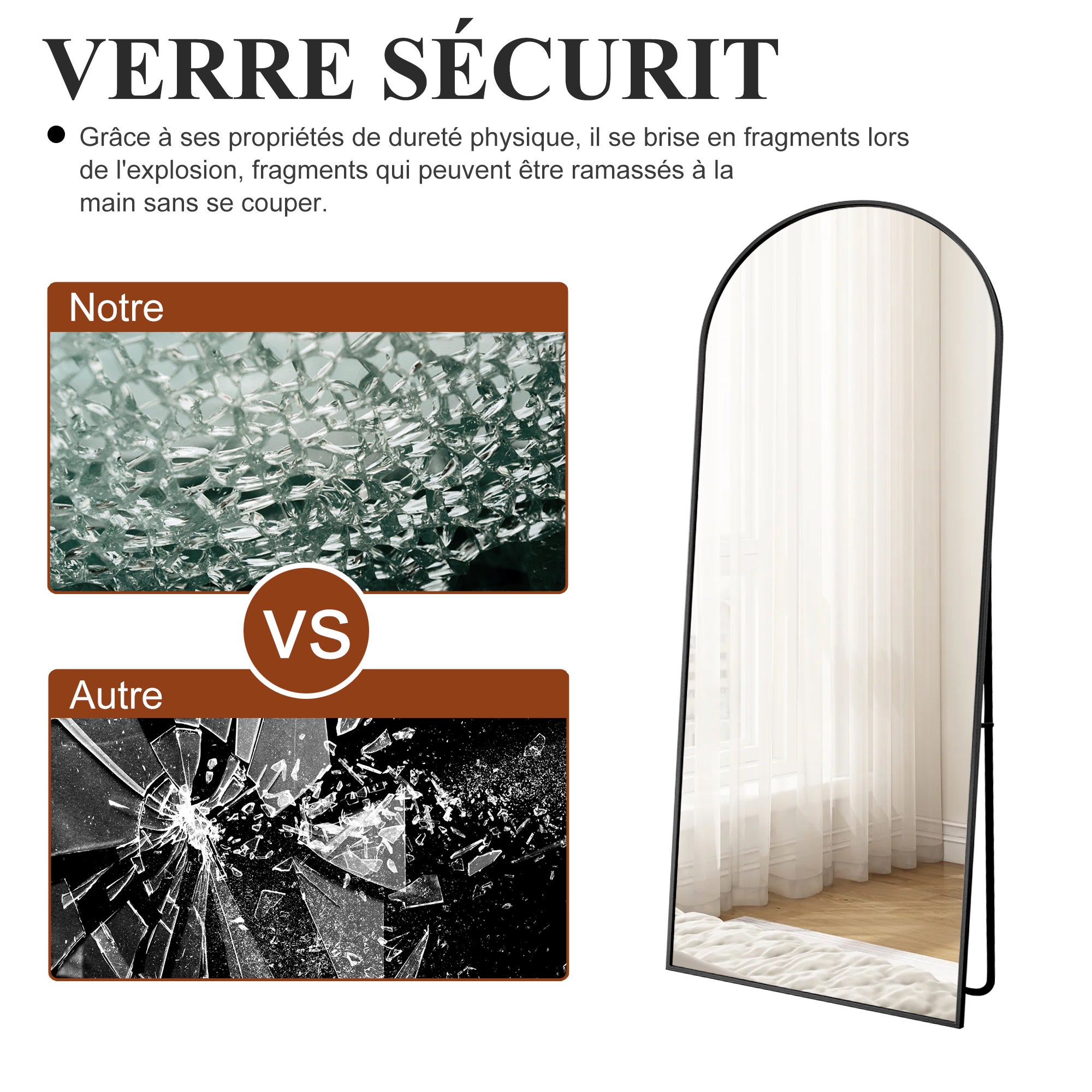 Miroir de Sol Arqué de 173 x 63 cm avec Support,Noir Grand Miroir Mural à Suspendre ou à Poser Contre Le Mur pour Chambre à Coucher,Entrée - 5