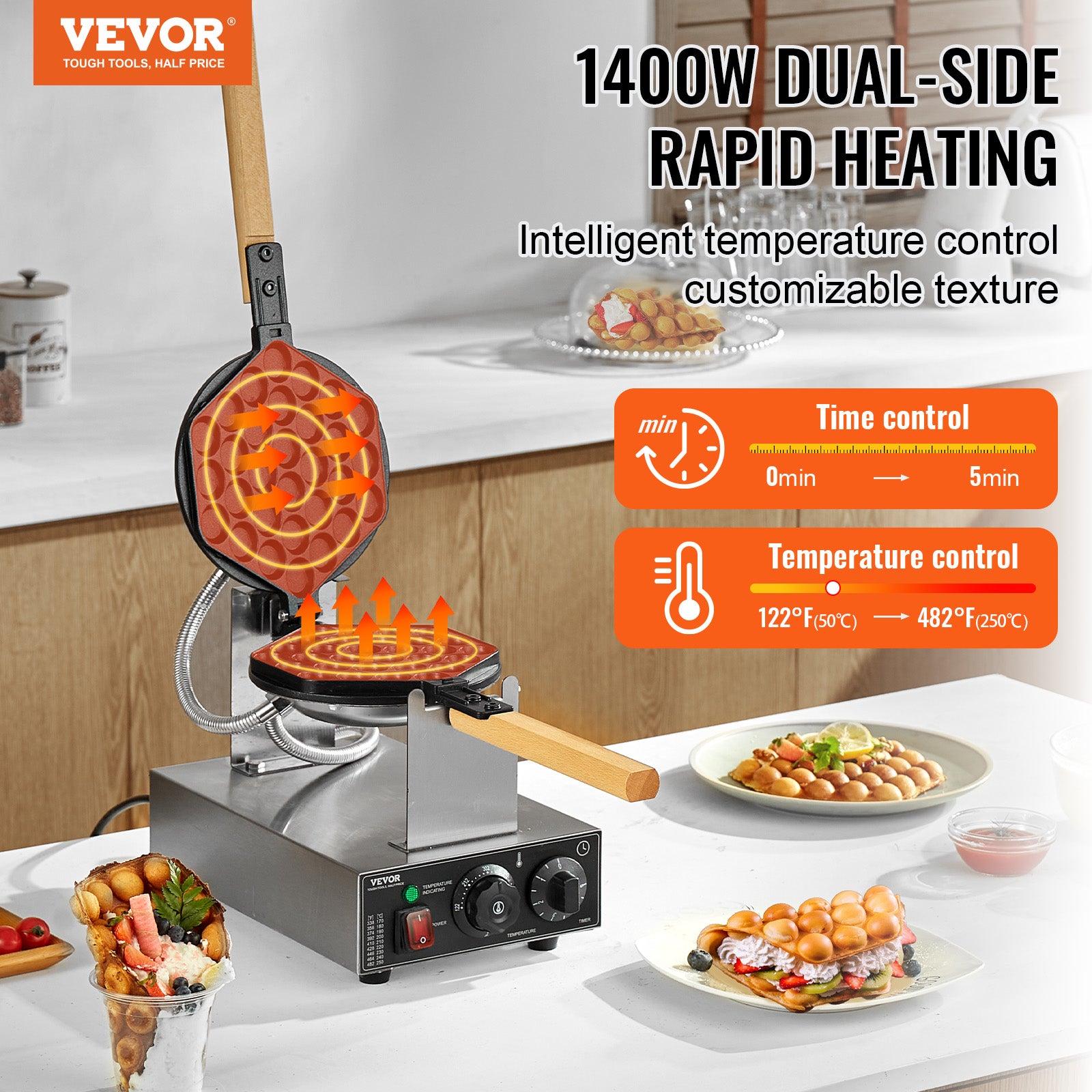 Gaufrier professionnel 1400 W,VEVOR inox,antiadhésif,rotation 180°,avec contrôle de la température et du temps,adapté aux restaurants - 2