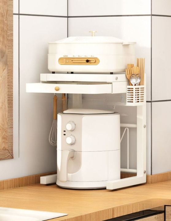 Półka do przechowywania ryżowaru, stojak na urządzenia kuchenne, dwupoziomowa, przesuwna, biała (z uchwytem na pałeczki + 3 haczyki)
