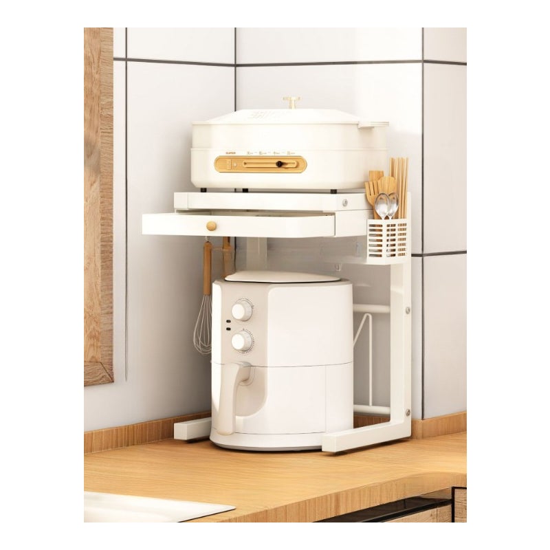 Półka do przechowywania ryżowaru, stojak na urządzenia kuchenne, dwupoziomowa, przesuwna, biała (z uchwytem na pałeczki + 3 haczyki)