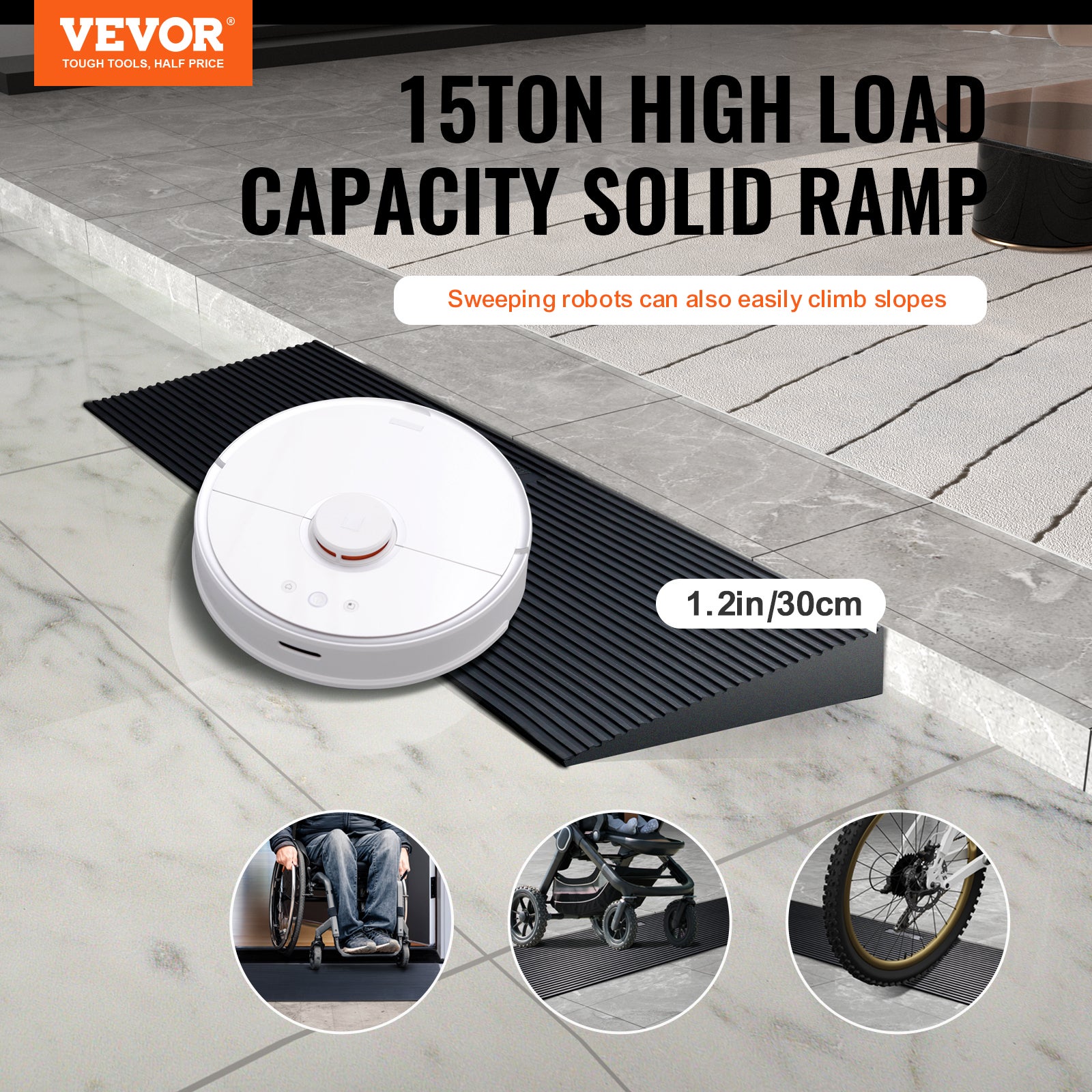 Rampe de Seuil Hauteur VEVOR 3cm Rampe Trottoir Découpable Caoutchouc Charge 15t Rampe Accè Fauteuil Roulant Largeur 90cm Antidérapante Bande Adhésive - 2