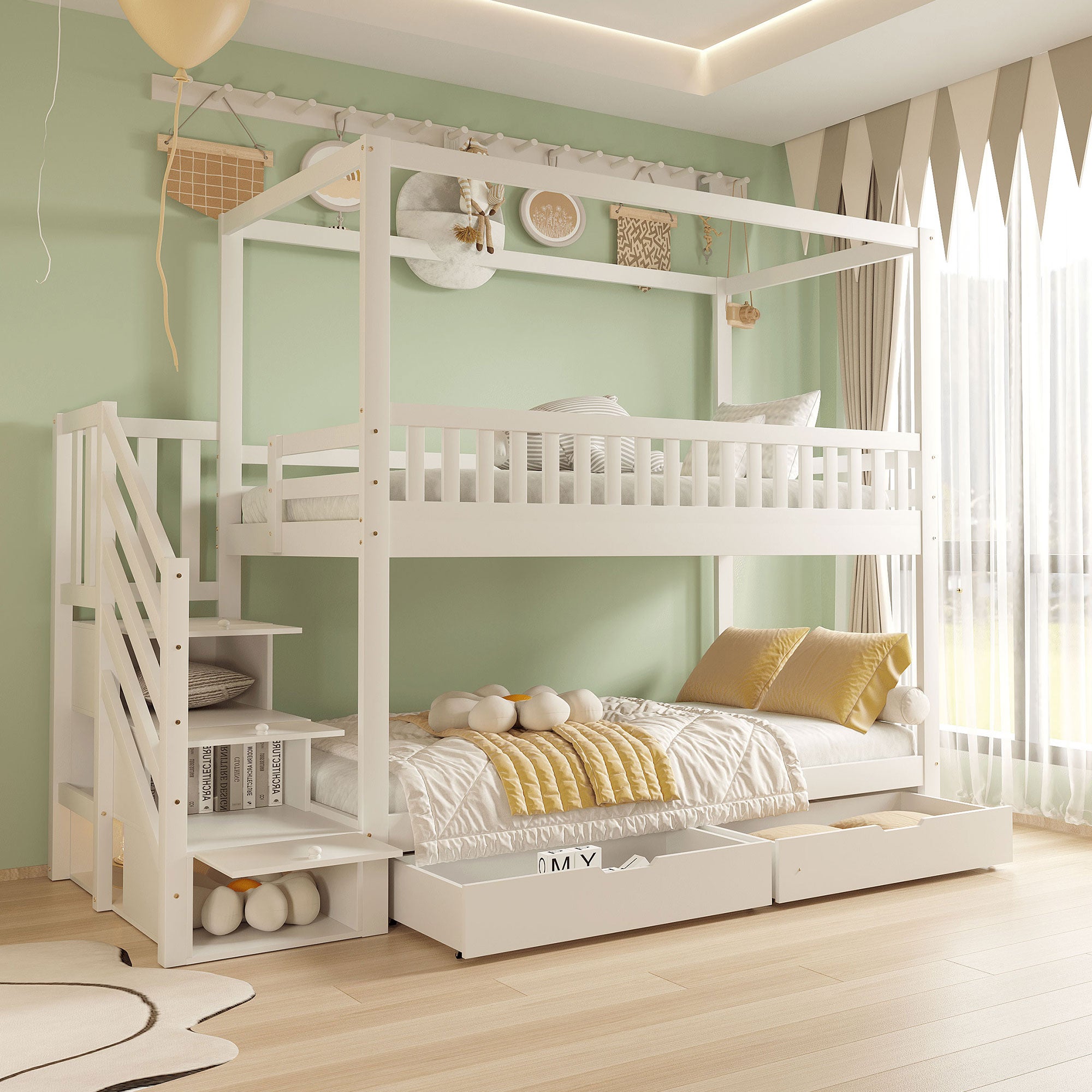 Lit Superposé/Mezzanine Enfant 90x200cm En Bois Massif - Avec Échelle à Tiroirs, 2 Grands Tiroirs, Barrières De Sécurité