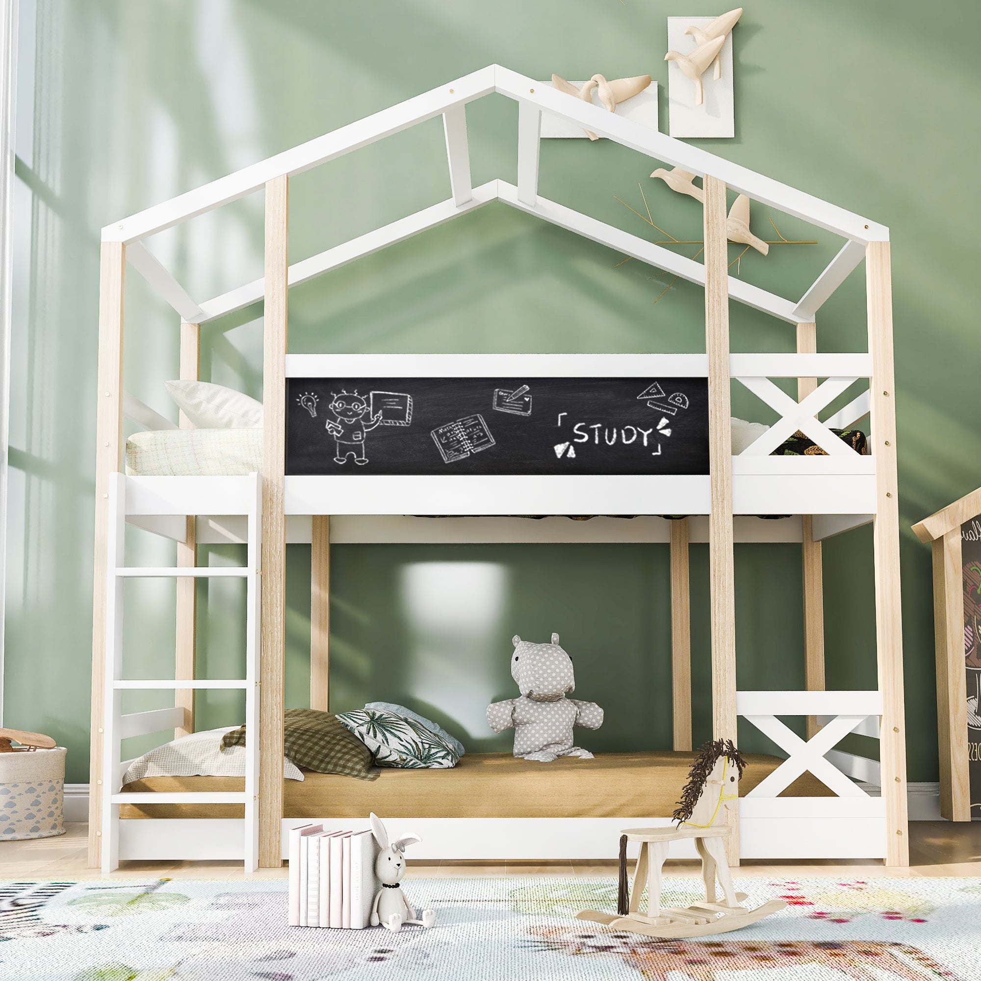 Łóżko piętrowe dwuosobowe - 2 x 90 x 200 cm - sosna i płyta MDF - drabinka, szczebelki i stelaż - kolor naturalny i biały