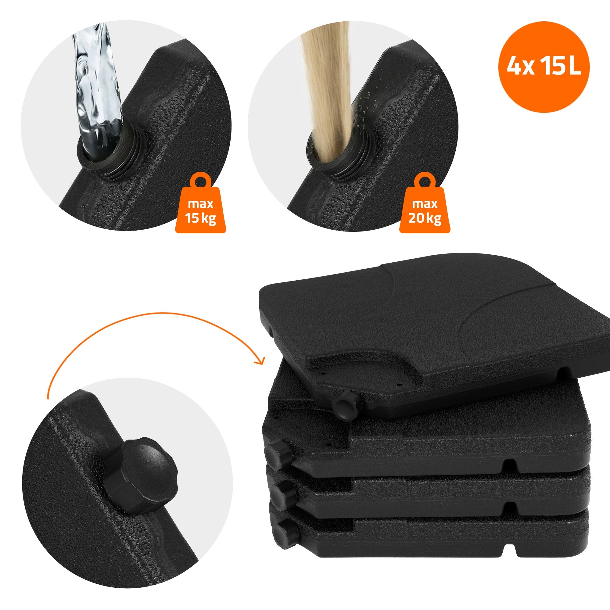 Lot de 4 poids de lestage pour base de parasol déporté noir en plastique dalles remplissables 60 L eau ou 80 Kg sable plaques pour support en croix - 6
