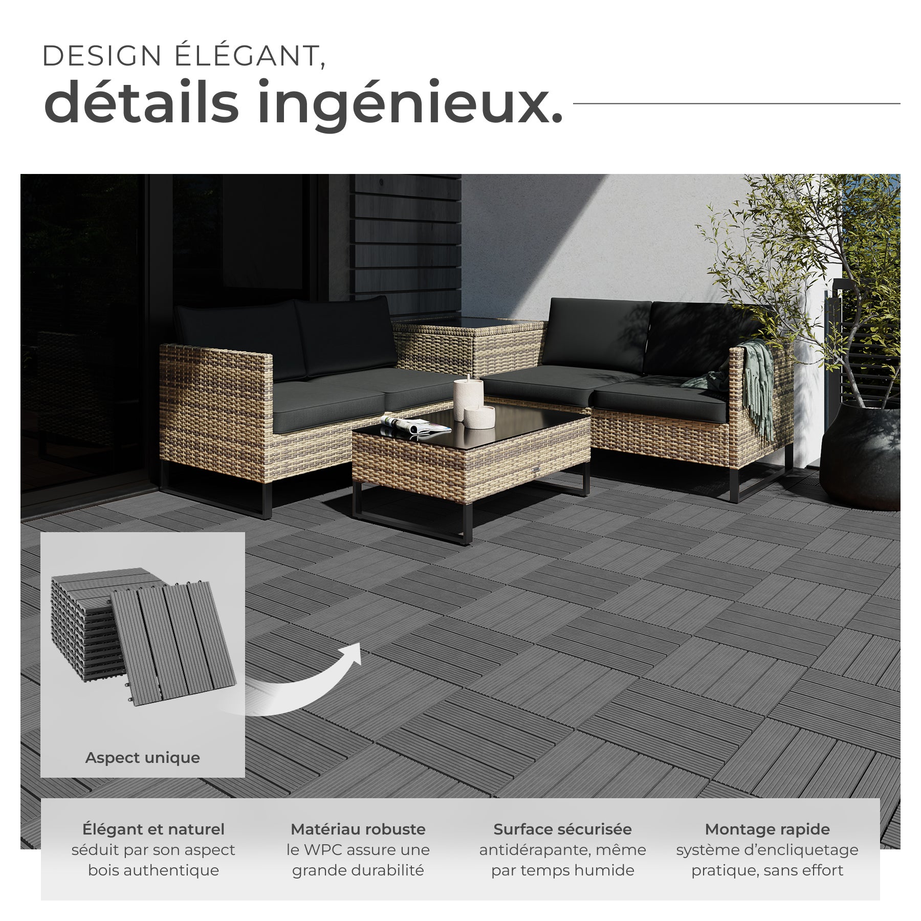 Lot de dalles de terrasse TEGULAS en WPC aspect bois Lot de 11 dalles avec système de clic TECTAKE - 3