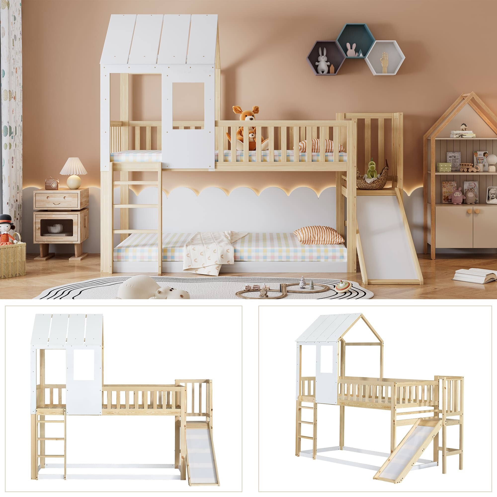 Lit cabane enfants 90 x 200 cm avec toboggan, lit superposé enfant, lit Mezzanine 2 Places avec Fenêtre et Garde-Corps - Pin - Naturel - 2