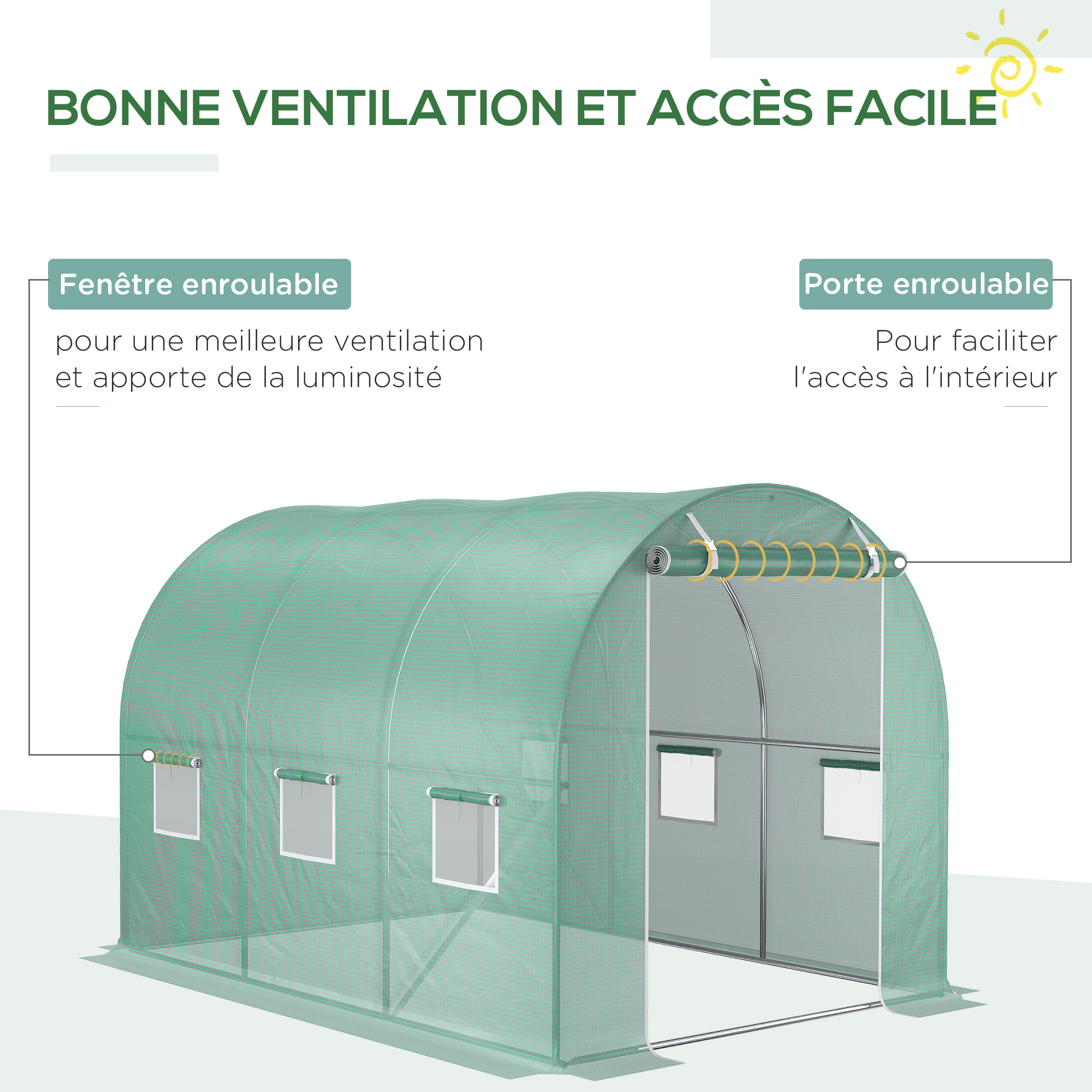 Bâche de Rechange Serre Tunnel 6 m², bâche 3 x 2 x 2 m PE Anti-UV imperméable 6 fenêtres + Porte Enroulable zippée Vert - 5