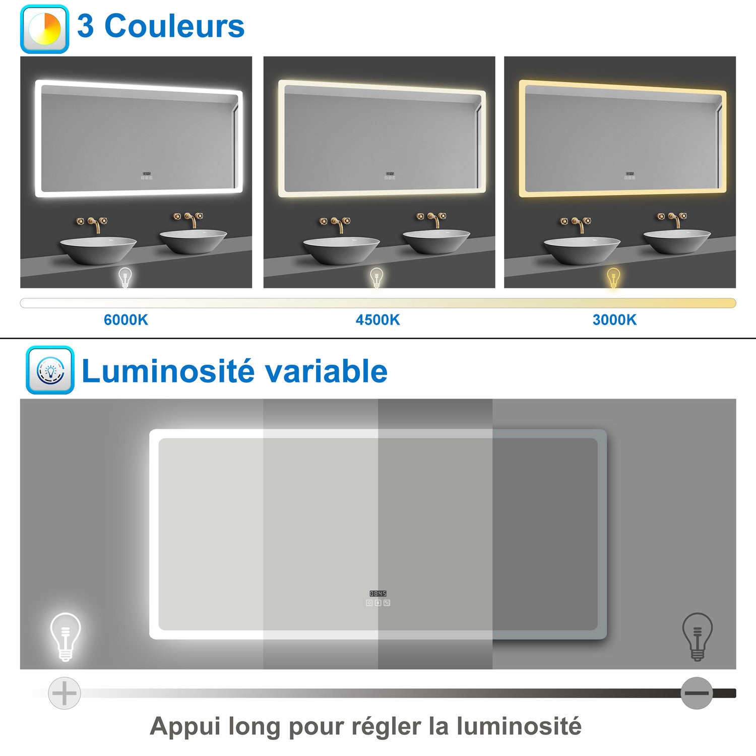 AICA Miroir lumineux rectangulaire 120 x 70cm, bluetooth + 3 couleurs + dimmable + horloge + anti-buée + mémoire, miroir salle de bain mural - 4