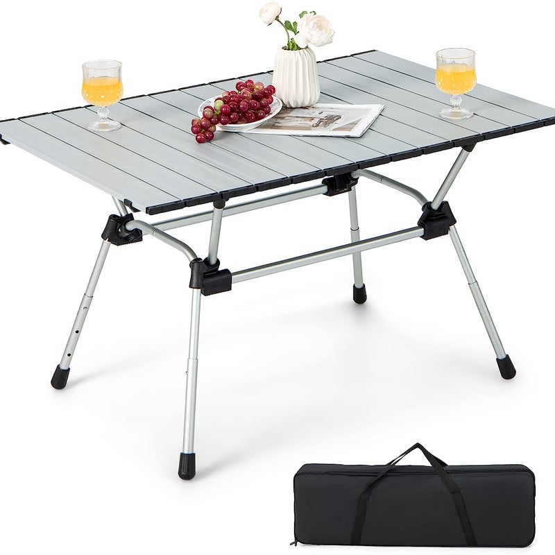 Składany stół kempingowy, z regulacją wysokości, z aluminiowym blatem, stół ogrodowy z zwijanym blatem, 90 x 60,5 x 52 cm (srebrny)