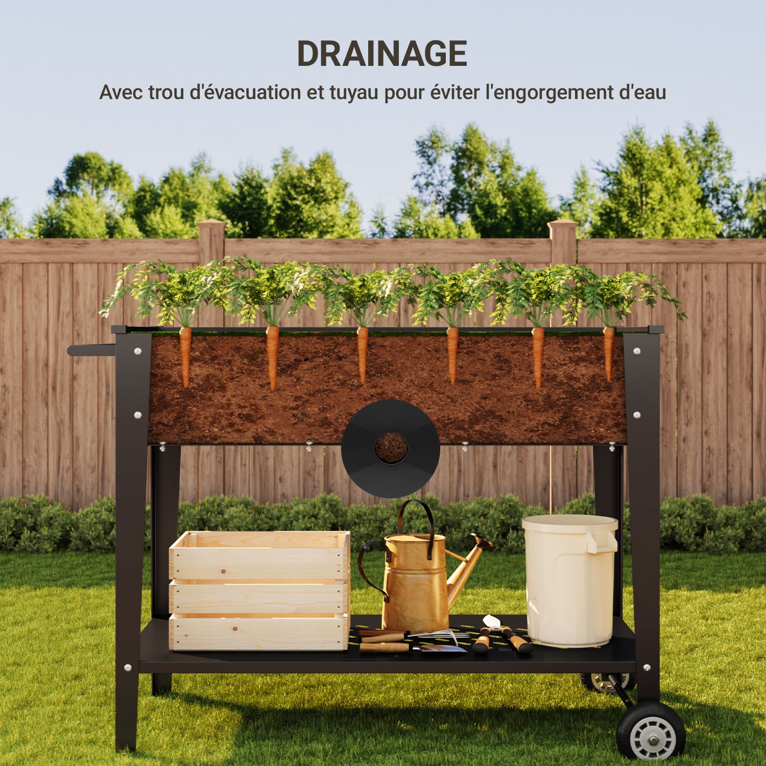 Horta Elevada Bealife Jardinera Elevada 80 cm com 2 Rodas e Prateleira Alça Lateral Orifícios de Drenagem Aço Anti-oxidação Preto - 5