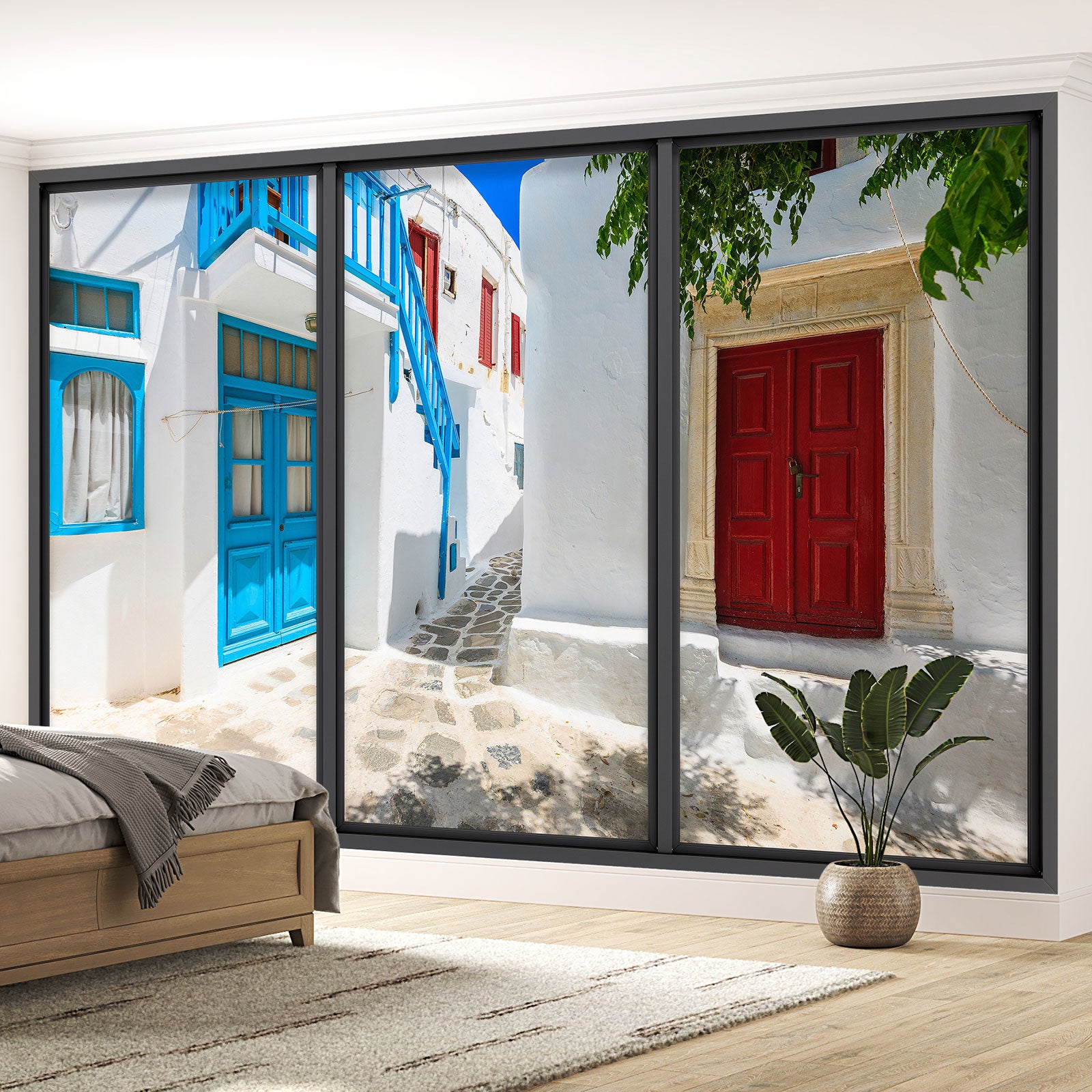 Papier peint panoramique Trompe l'oeil baie vitrée - Santorin - Largeur ...
