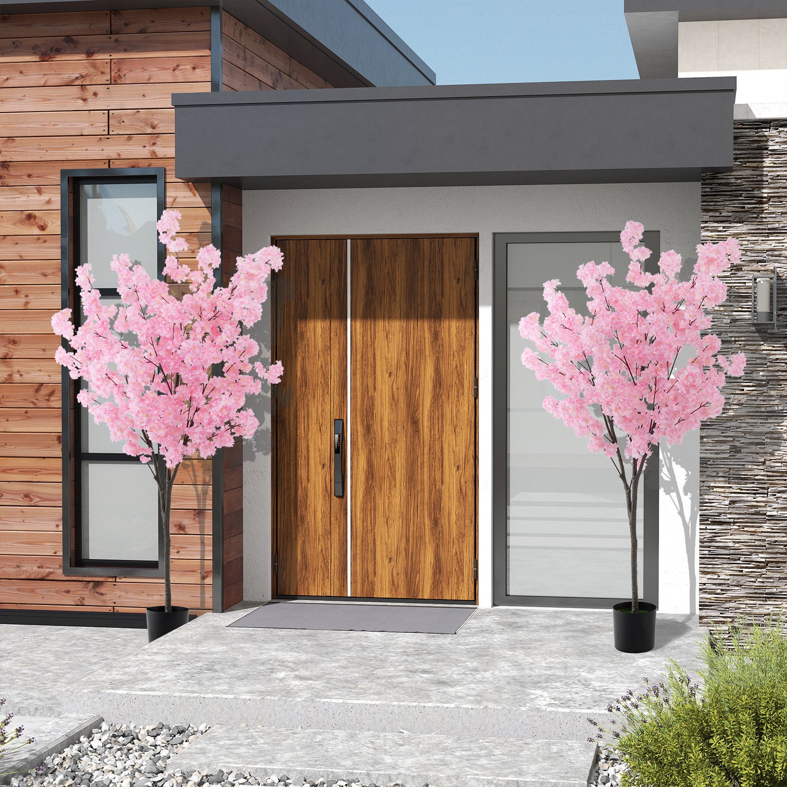 Plante Artificielle en Pot Ciment 190CM avec 900 Fleurs Roses, Fausse Cerisier avec Troncs de PE Simulés, Décoration Moderne pour Salon Bureau - 2