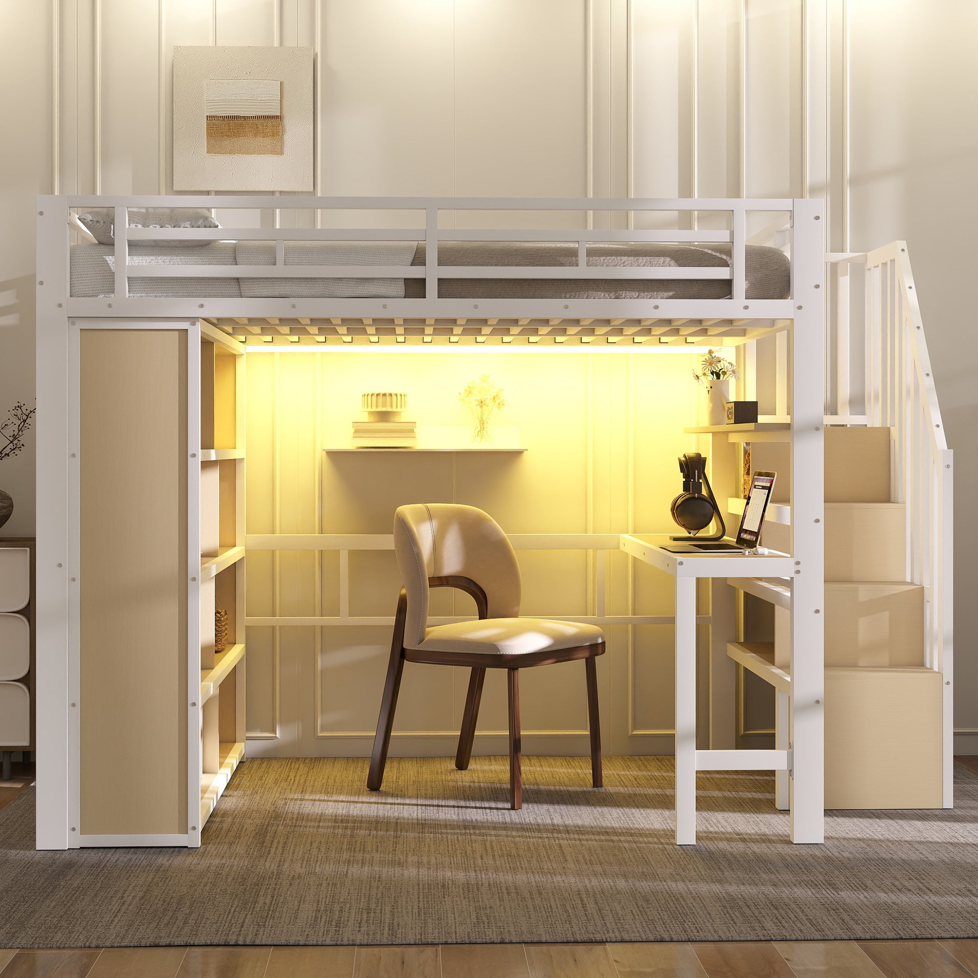 Lit Mezzanine 140x200 avec Bureau Intégré et Éclairage LED, Cadre Métal MDF Blanc, Escalier Rangement Étagères, Sommier à Lattes Inclus, Sans Matelas - 3