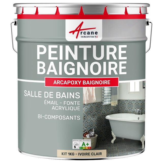 PEINTURE BAIGNOIRE LAVABO - Résine Époxy Pour Rénovation - 1 kg (jusqu'à 3 m² en 2 couches) Ivoire Clair - RAL 1015 - ARCANE INDUSTRIES