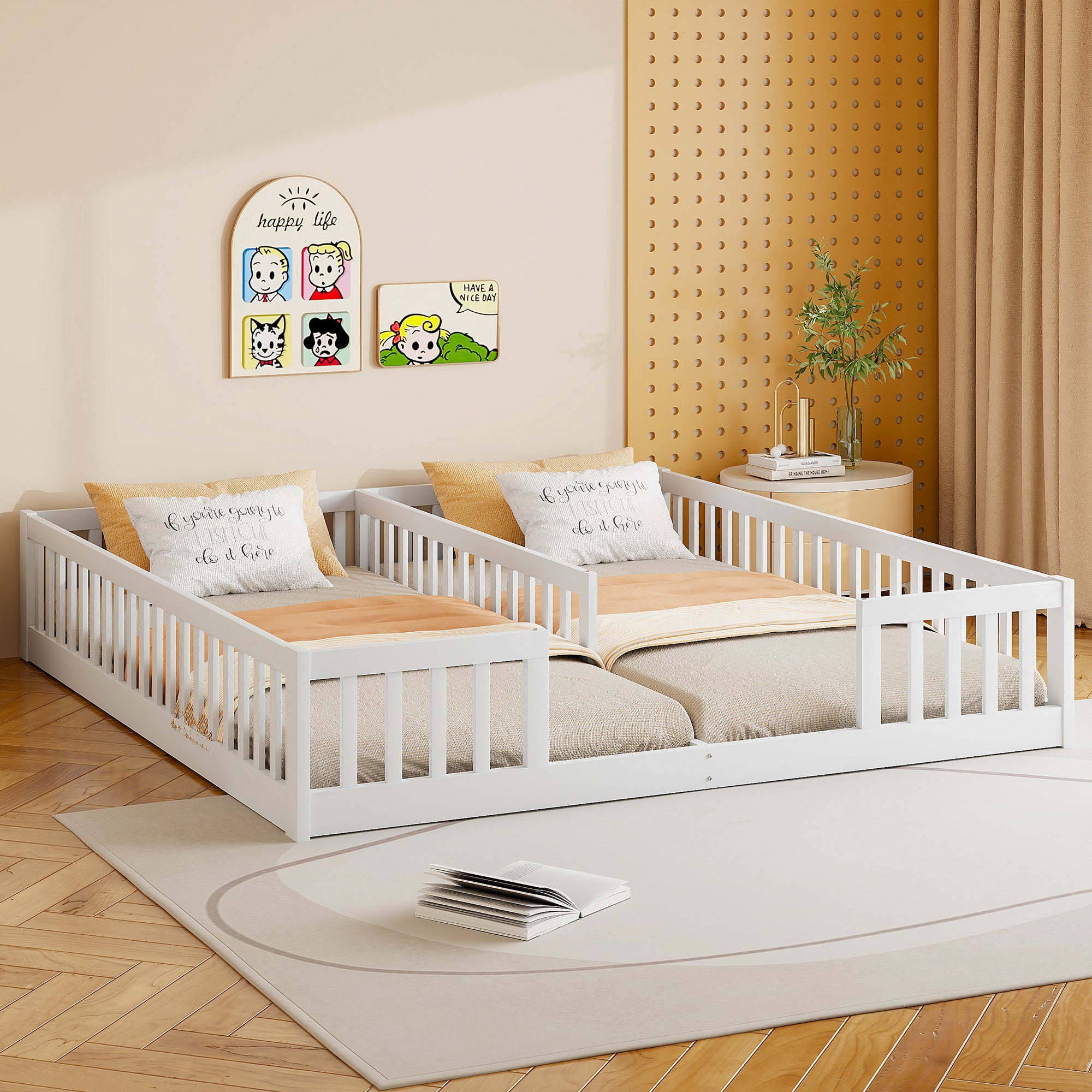 Lit enfant 2 x 90 x 200 cm avec barrières - Bois de pin + MDF - Style simple - Blanc (sans sommier et matelas) - 4