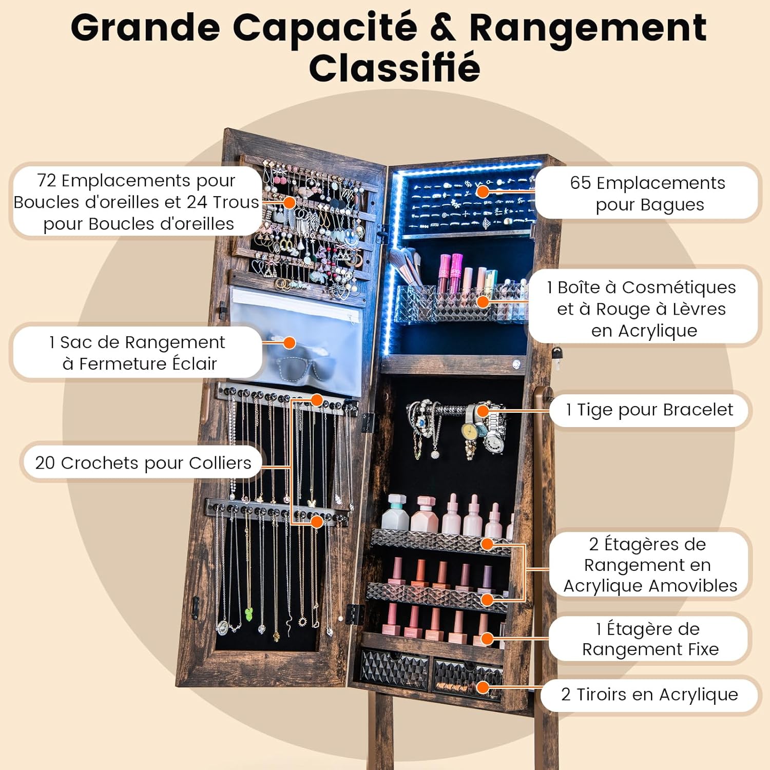 Armoire à Bijoux avec Miroir sur Pieds,Grand Miroir Psyché Sans Cadre avec Éclairage LED 3 Couleurs, avec 3 Angles Ajustables(Marron Rustique) - 6