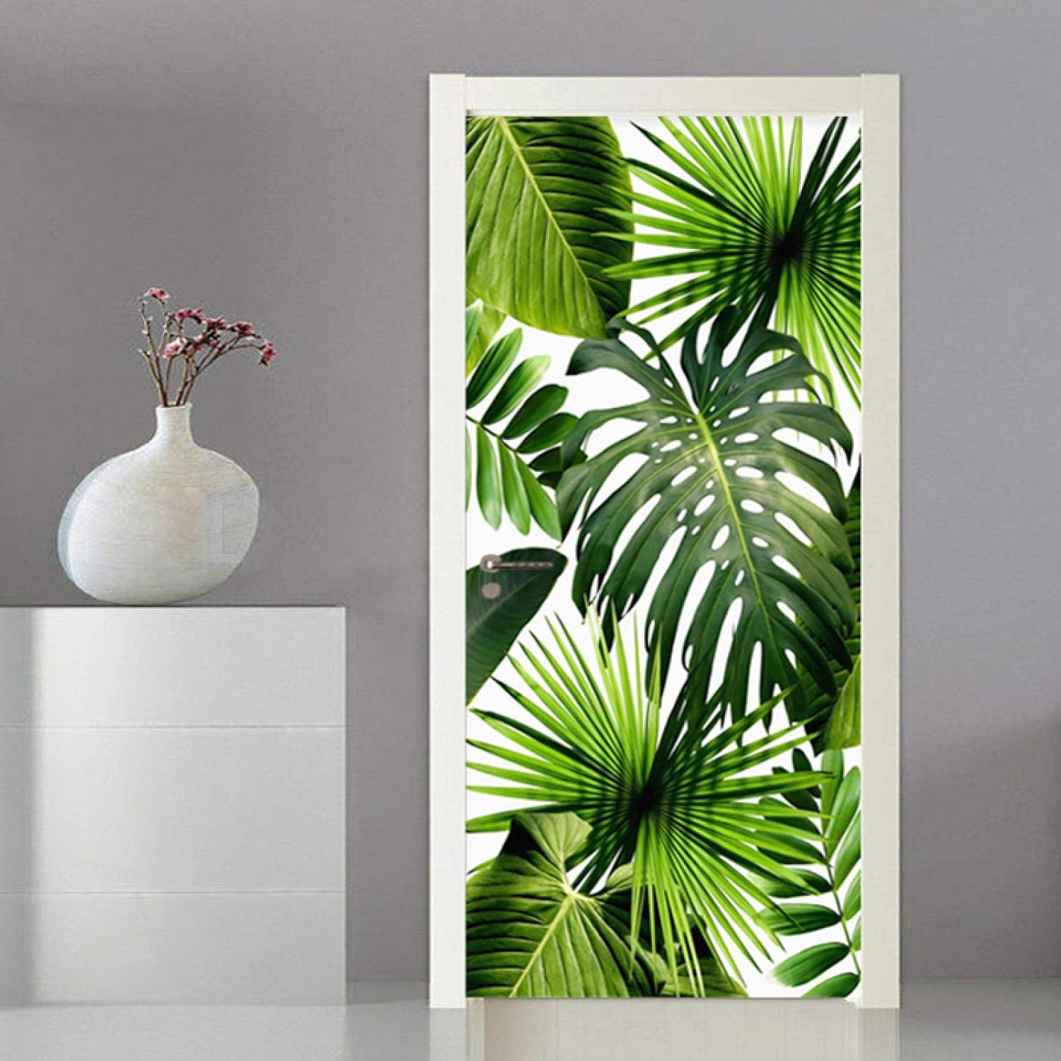 Naklejki na drzwi wewnętrzne 3D z efektem 3D, do montażu na ścianie, zielone liście roślin tropikalnych, 77 x 200 cm, wodoodporna sztuka ścienna z PVC