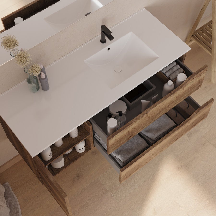 Meuble de salle de bain 120cm avec vasque déportée à droite et miroir - 2 tiroirs et un placard - tabaco (bois foncé) - ZARZA - 2