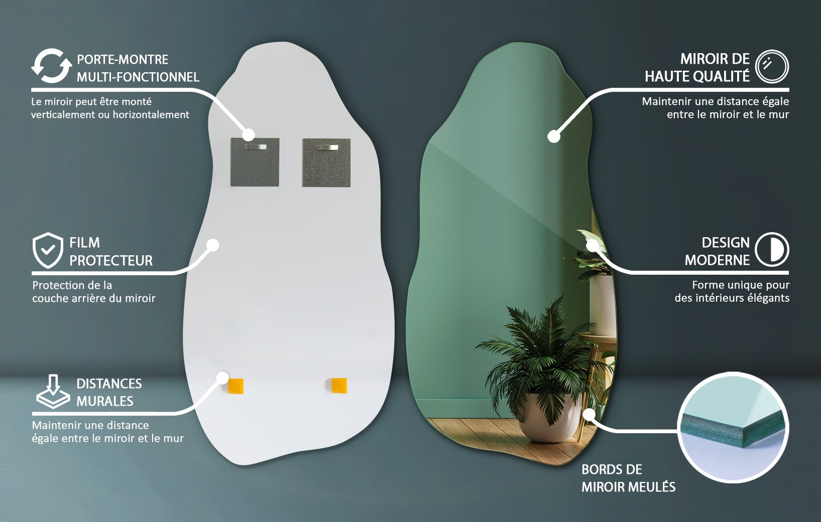 Miroir asymétrique organique irrégulier pour la salle de bain, le salon - 45 cm x 90 cm - 4