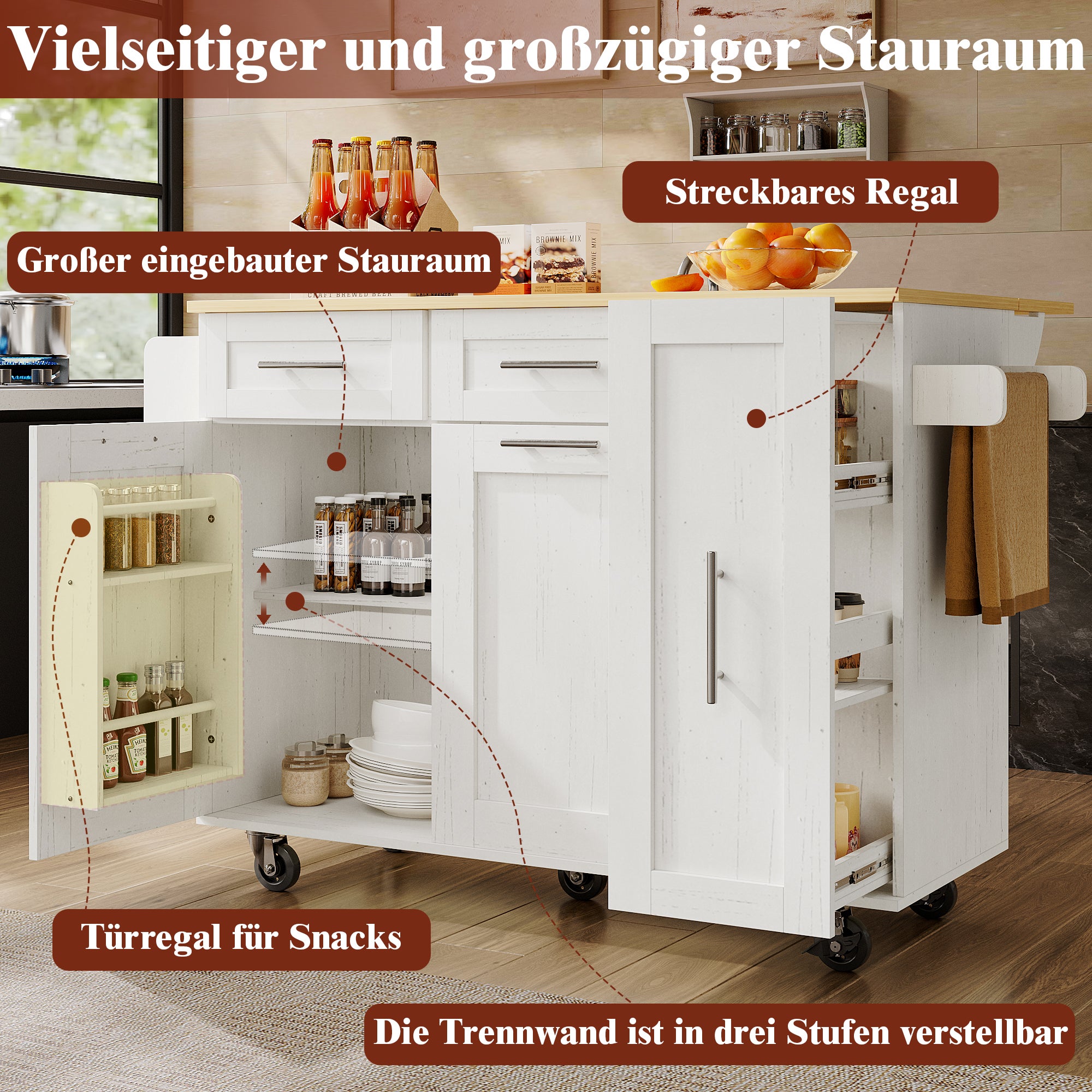 Ilot central de cuisine mobile avec 2 portes, 3 tiroirs et porte-serviettes - Plateau extensible - 134.5 x 46/74 x 90.5 cm - MDF - Blanc - 9