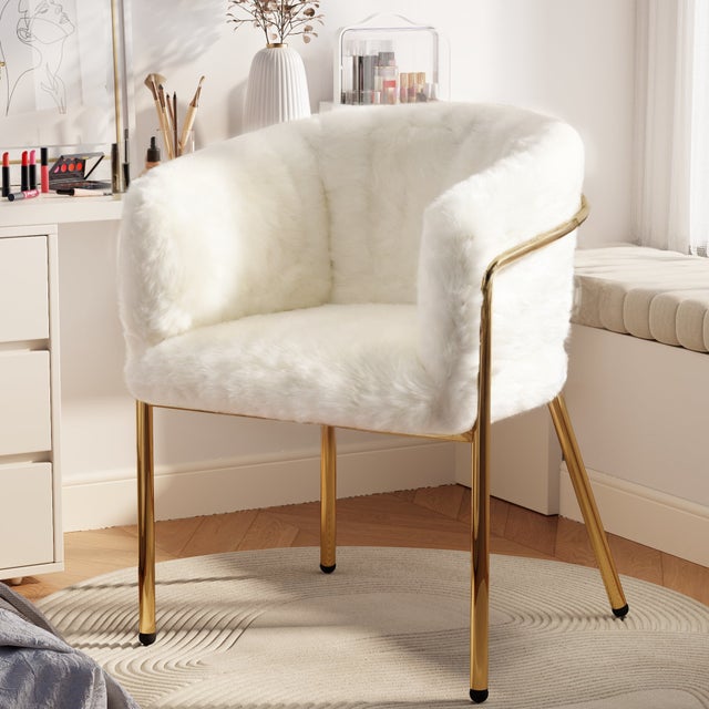 Lot de 1 fauteuil de loisirs simili duvet lapin beige, quatre pieds métalliques, luxe léger, pour coiffeuse, salon et chambre.
