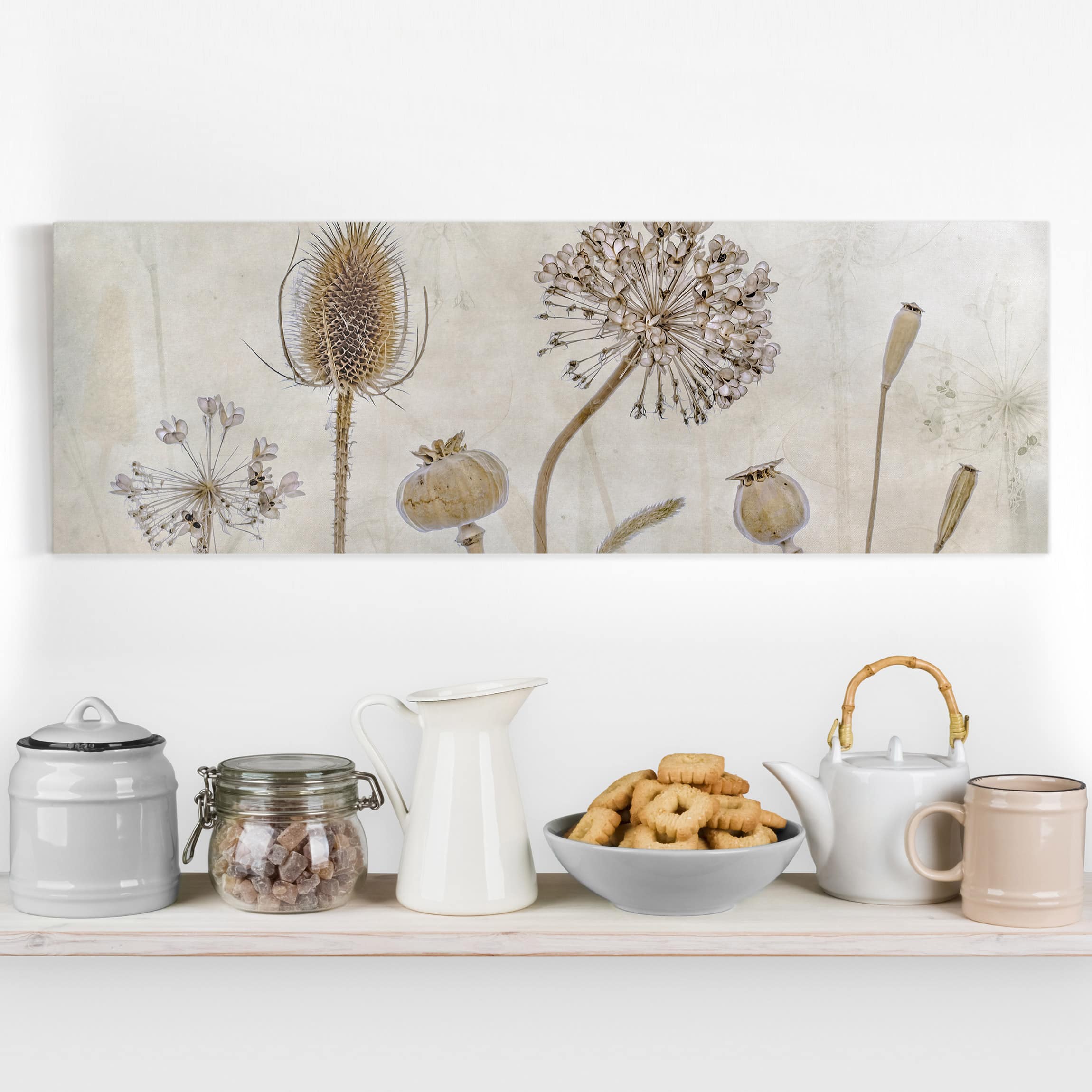 Lienzo cuadro en lienzo bastidor impresion en lienzo beige botánica planta vintage ilustración 221 dormitorio salón pasillo 120 x 40 cm