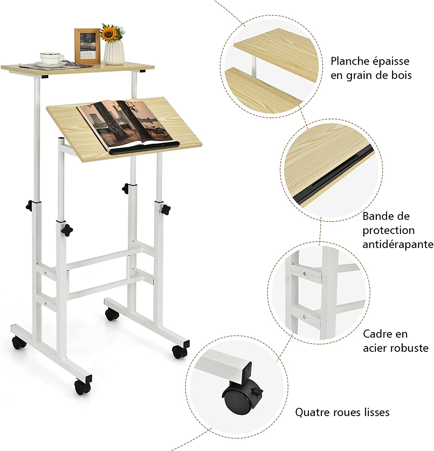 Bureau assis-debout à roulettes, table informatique à 2 niveaux pour ordinateur - 2