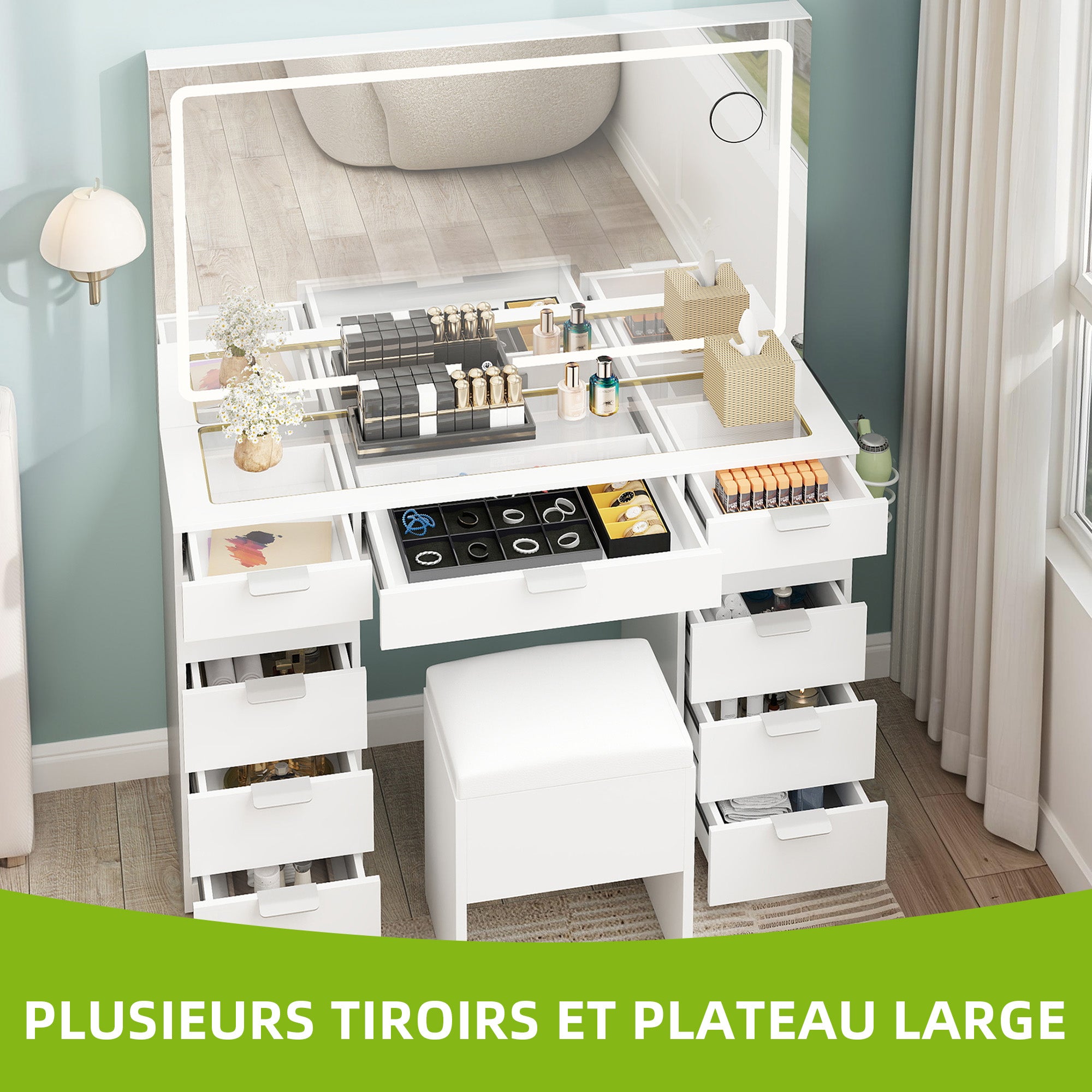 Balconera Coiffeuse avec Miroir LED réglable, Prise EU，11 Tiroirs, 40 x 114 x 134cm, avec Tabouret, Blanc, Style Moderne - 4