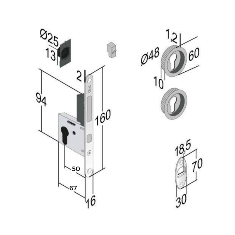 Serrure porte coulissante à crochet - Axe 50mm - Rosaces rondes cylindre I + tire-doigts + gache Trou de cylindre i - Bonaiti - 3