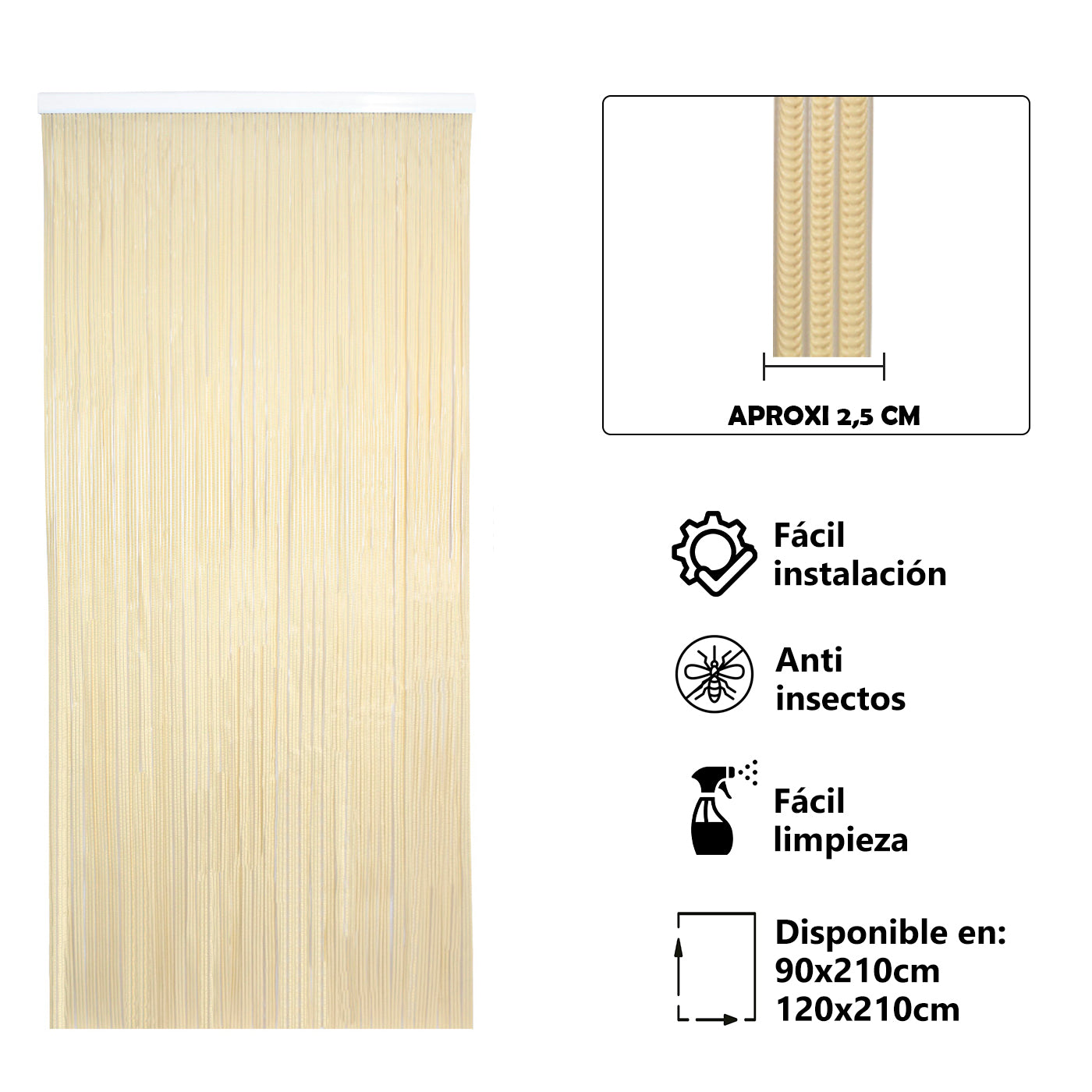 Aitsse- cortina de pvc para puerta exterior o interior con barra de aluminio (210x90cm, vainilla+filo transparente p14)