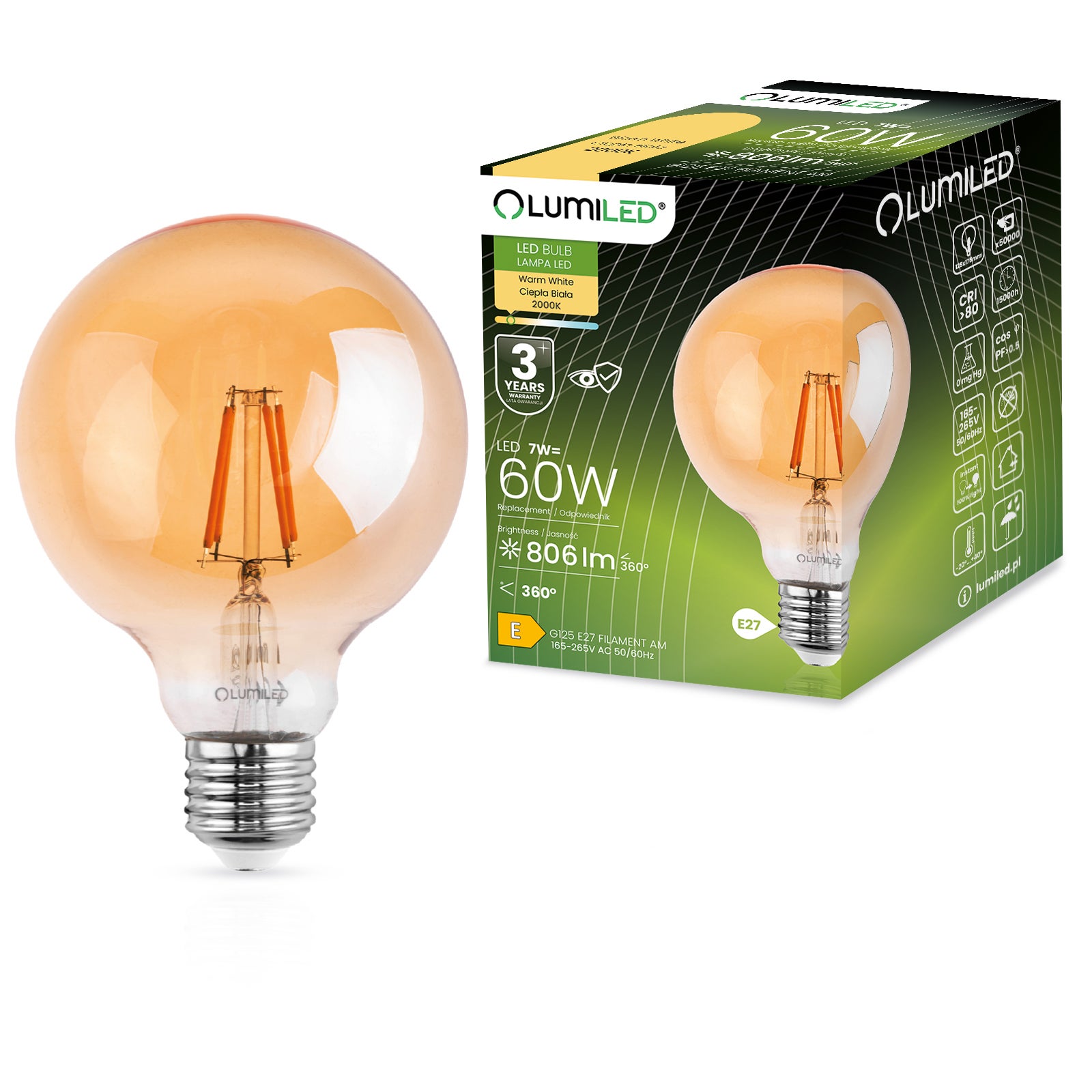 Żarówka LED Lumiled E27 G125 7W 806lm 2000K Ciepła biel 360st Bursztynowa Filament 1 szt.
