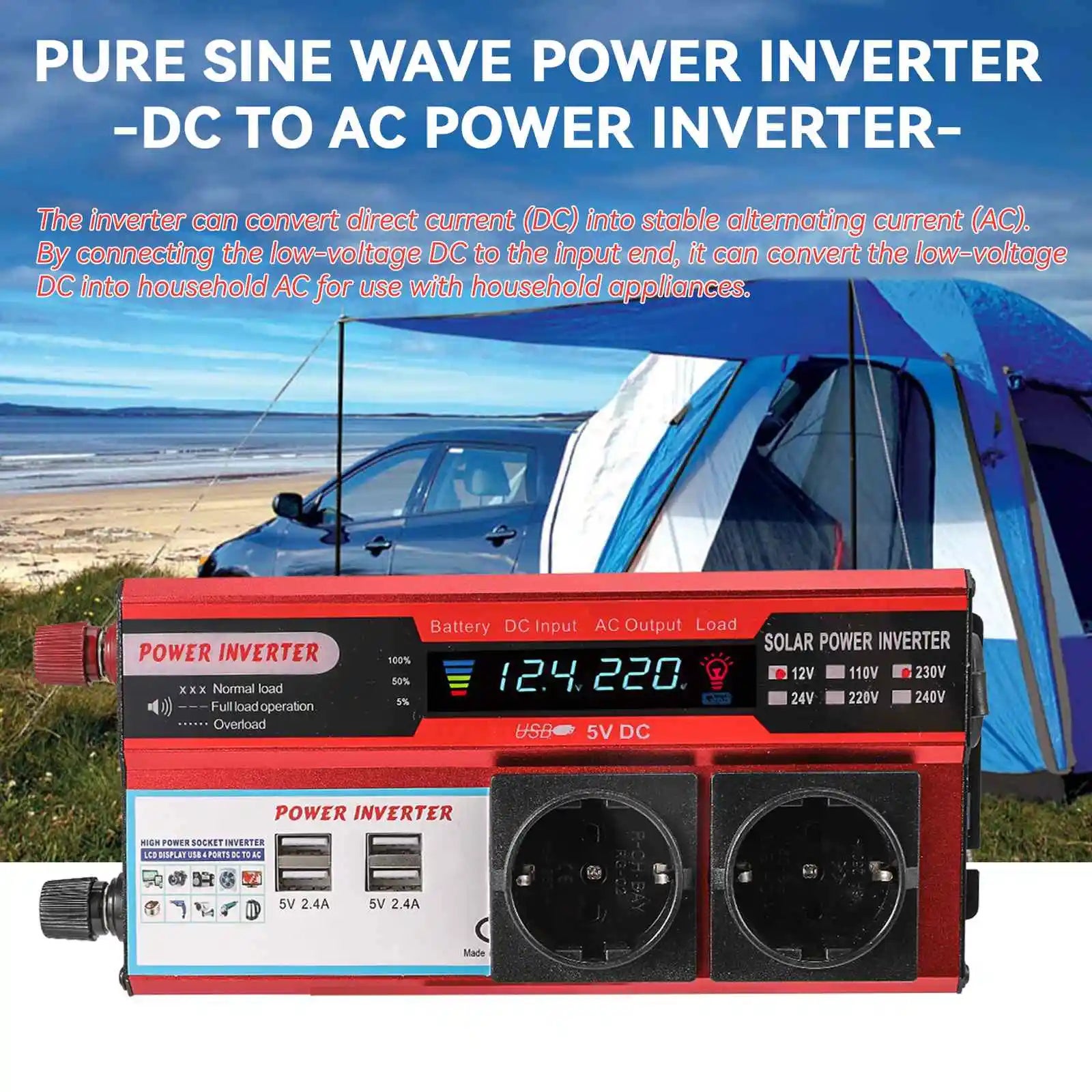 NICOLA Inversor de onda senoidal pura 4000W potência de pico 12V para 220V AC, conversor automóvel solar com visor LED, tomada EU e 4 portas USB - 9
