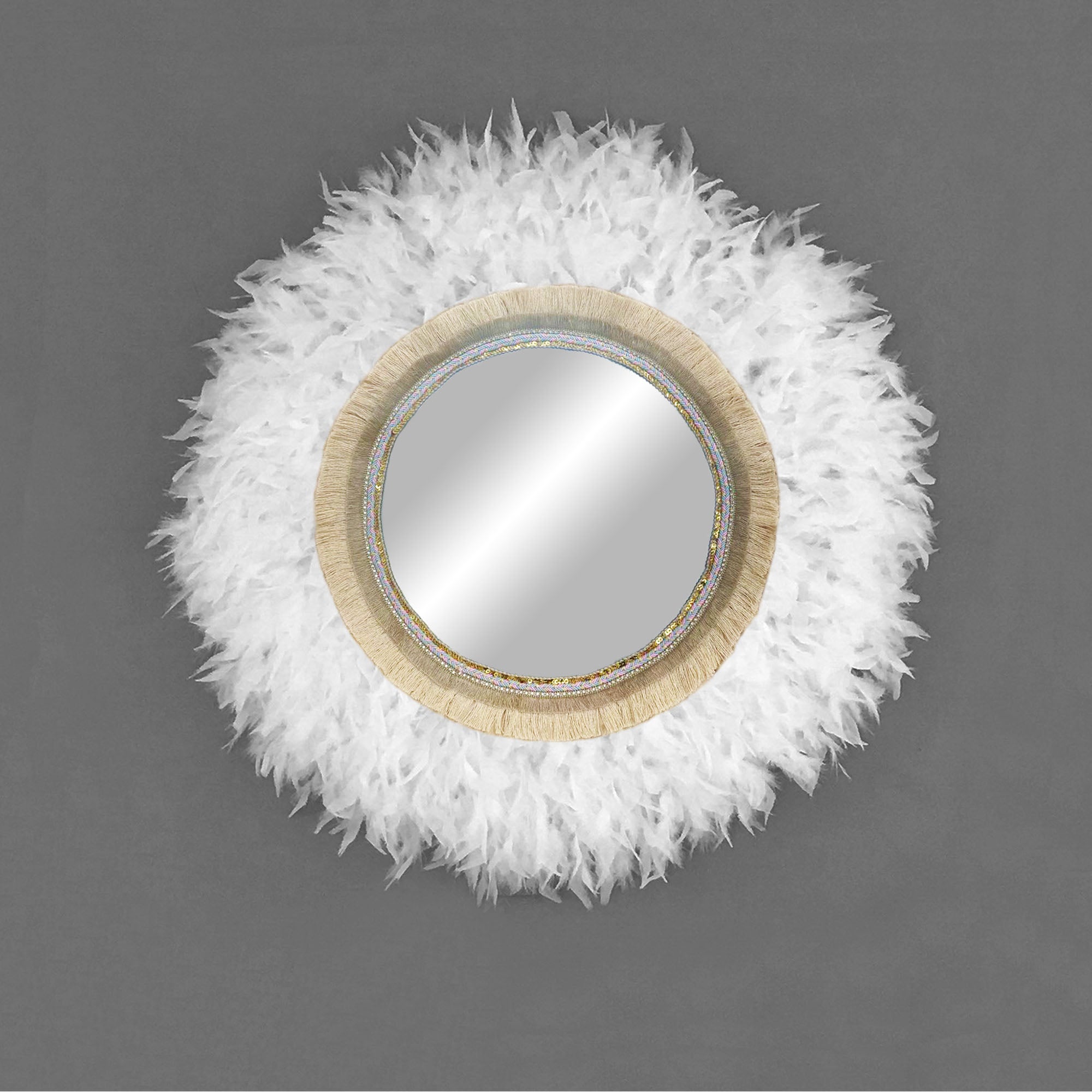 Espejo redondo con plumas naturales decoración boho para pared - mirror brilli brilli blanco 70cm