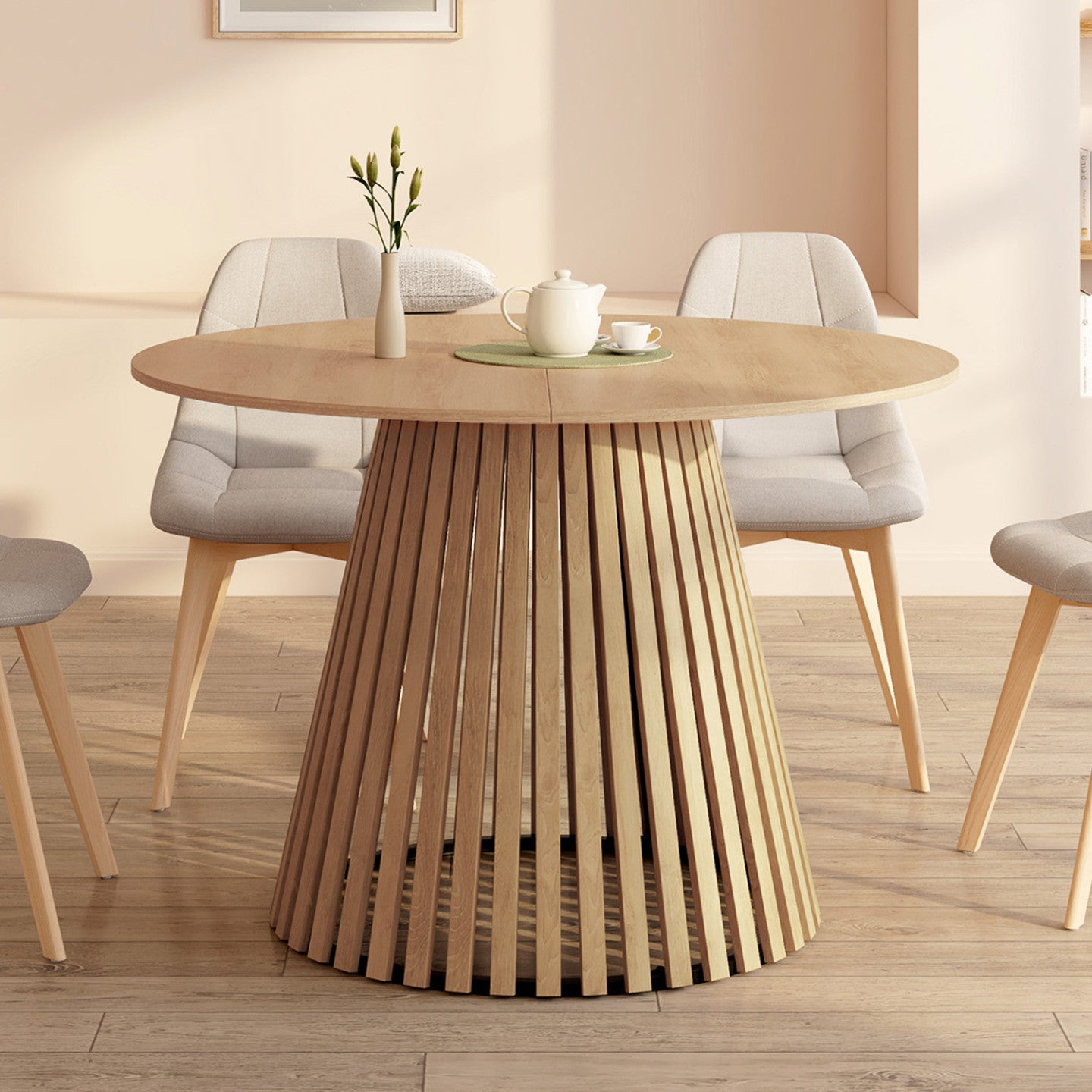 Table à manger extensible ronde CARMEN 4-8 personnes pied bois en lattes et plateau bois 110 - 150 cm - 4