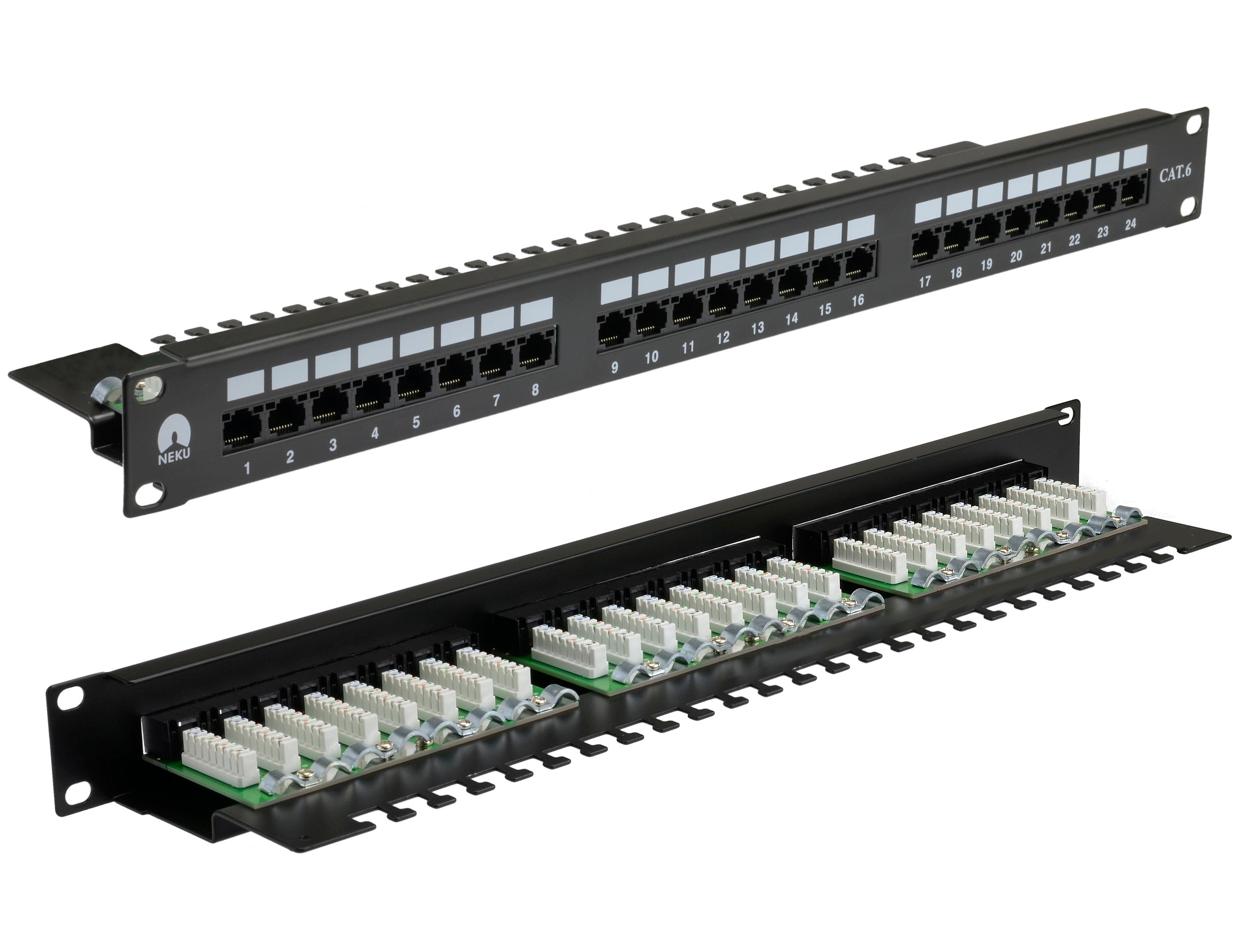 NEKU Patch panel RACK 19'' kat.6 24p UTP 1U z półką patchpanel CZARNY