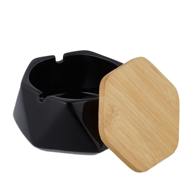 Posacenere In Ceramica Con Coperchio In Bambù – Design Geometrico Semplice, Colore Grigio. Diametro 10,2 Cm, Altezza 5,6 Cm. Ideale Come Portacenere O Portagioie Per Casa, Ufficio O Area Esterna. - 5